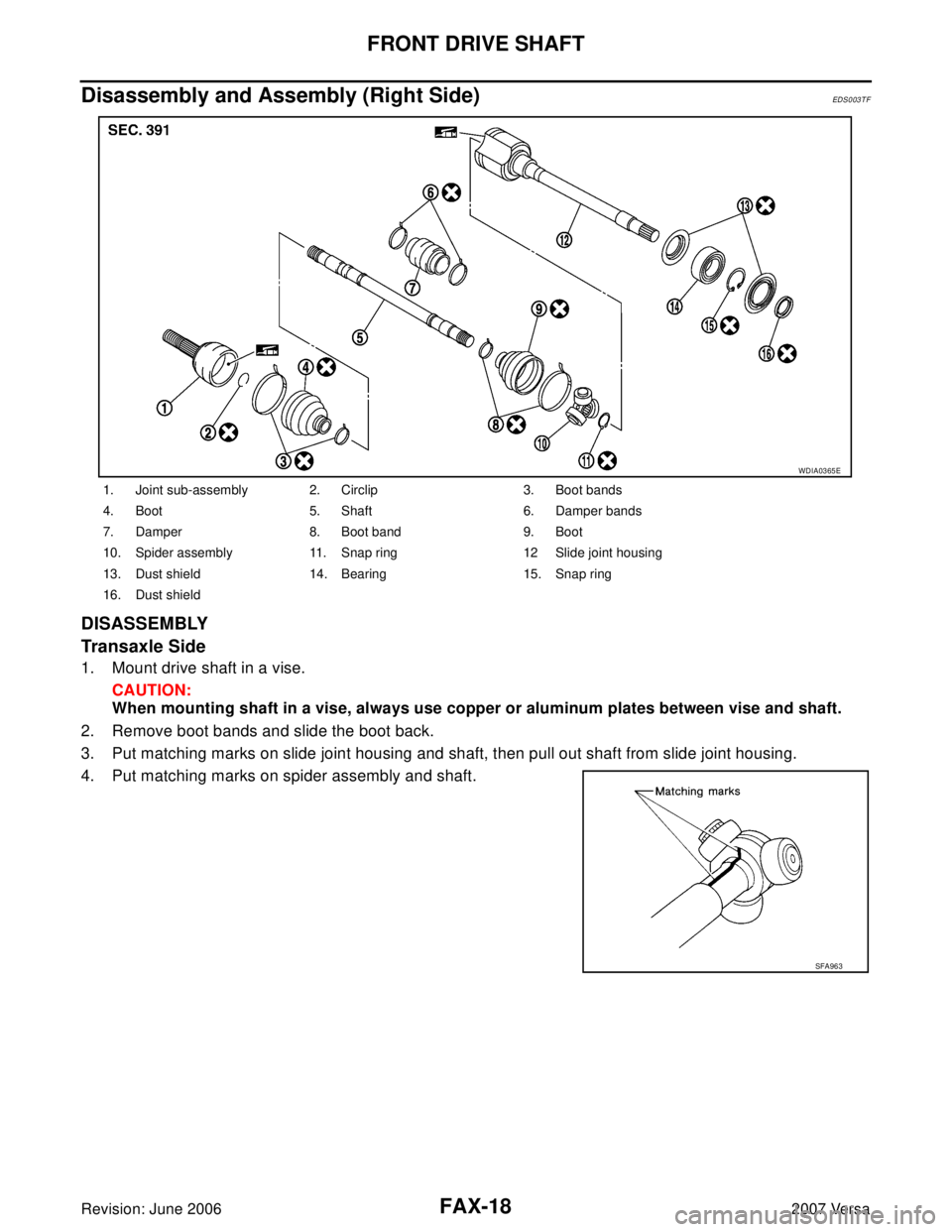 NISSAN LATIO 2007  Service Repair Manual FAX-18
FRONT DRIVE SHAFT
Revision: June 20062007 Versa
Disassembly and Assembly (Right Side)EDS0 03 T F
DISASSEMBLY
Transaxle Side
1. Mount drive shaft in a vise.
CAUTION:
When mounting shaft in a vis