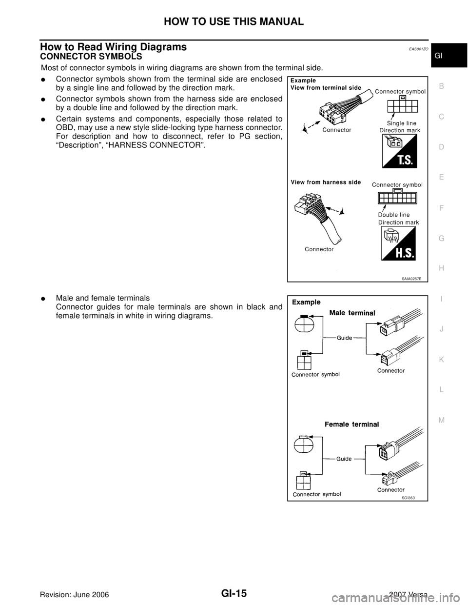 NISSAN LATIO 2007  Service Repair Manual HOW TO USE THIS MANUAL
GI-15
C
D
E
F
G
H
I
J
K
L
MB
GI
Revision: June 20062007 Versa
How to Read Wiring DiagramsEAS001ZO
CONNECTOR SYMBOLS 
Most of connector symbols in wiring diagrams are shown from 