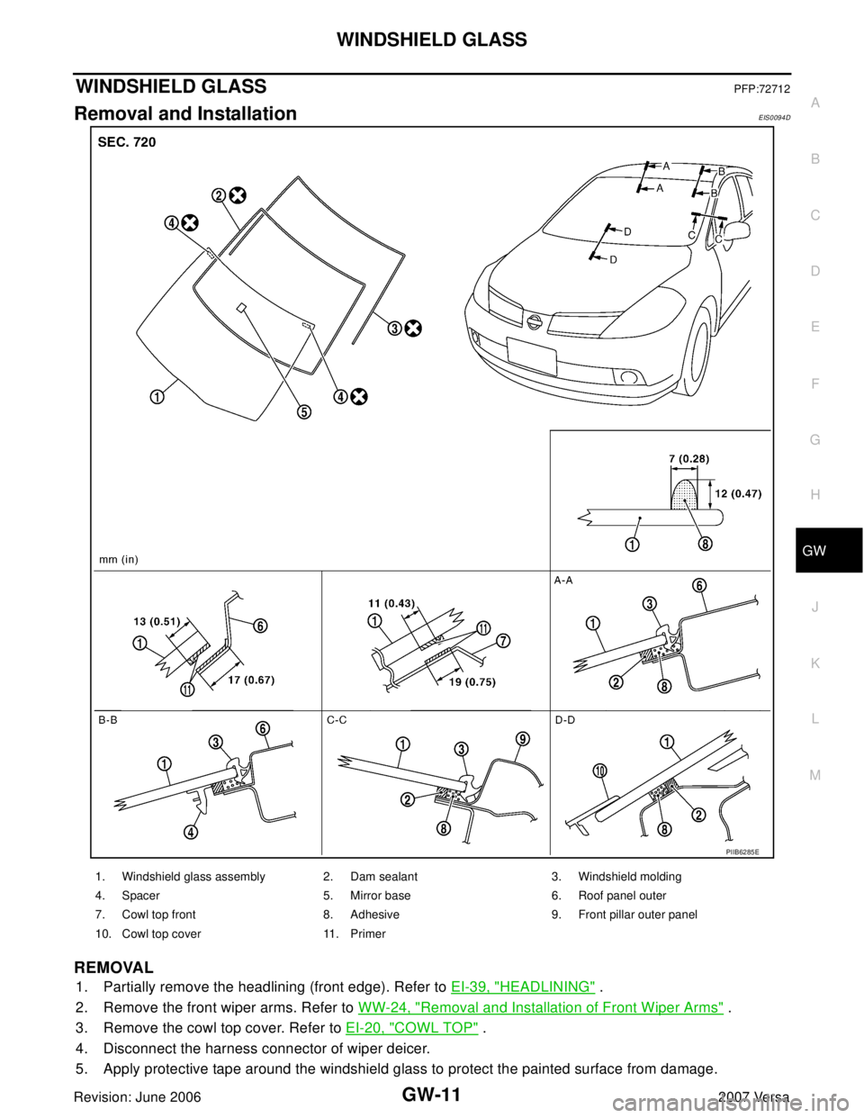 NISSAN LATIO 2007  Service Repair Manual WINDSHIELD GLASS
GW-11
C
D
E
F
G
H
J
K
L
MA
B
GW
Revision: June 20062007 Versa
WINDSHIELD GLASSPFP:72712
Removal and InstallationEIS0094D
REMOVAL
1. Partially remove the headlining (front edge). Refer