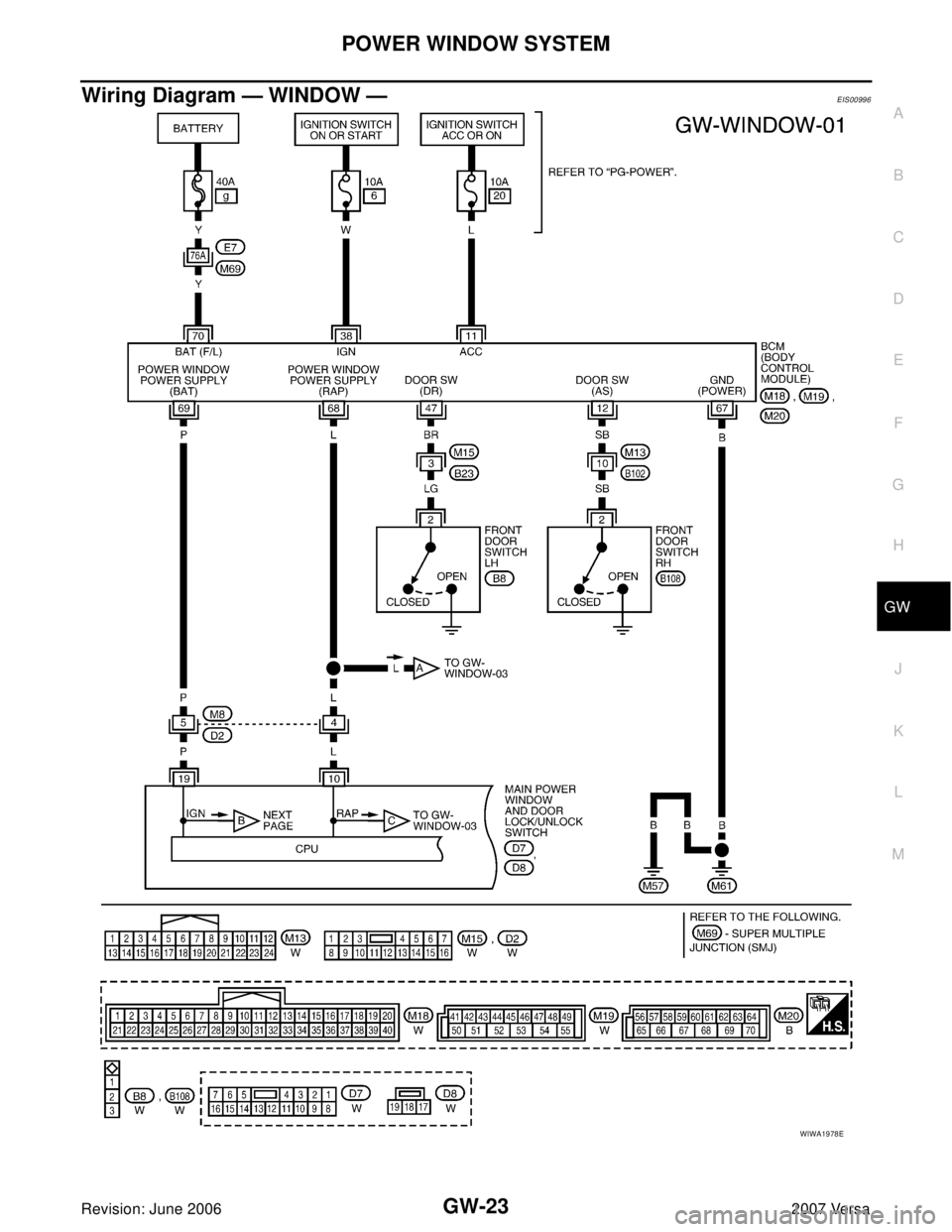 NISSAN LATIO 2007  Service Repair Manual POWER WINDOW SYSTEM
GW-23
C
D
E
F
G
H
J
K
L
MA
B
GW
Revision: June 20062007 Versa
Wiring Diagram — WINDOW —EIS00996
WIWA1978E 