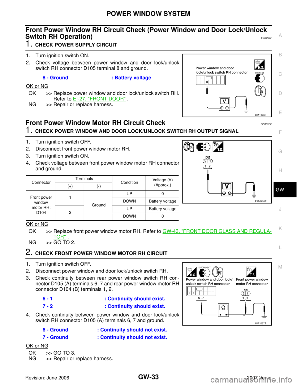 NISSAN LATIO 2007 Service Repair Manual POWER WINDOW SYSTEM
GW-33
C
D
E
F
G
H
J
K
L
MA
B
GW
Revision: June 20062007 Versa
Front Power Window RH Circuit Check (Power Window and Door Lock/Unlock
Switch RH Operation)
EIS0099F
1. CHECK POWER S NISSAN LATIO 2007 Service Repair Manual POWER WINDOW SYSTEM
GW-33
C
D
E
F
G
H
J
K
L
MA
B
GW
Revision: June 20062007 Versa
Front Power Window RH Circuit Check (Power Window and Door Lock/Unlock
Switch RH Operation)
EIS0099F
1. CHECK POWER S
