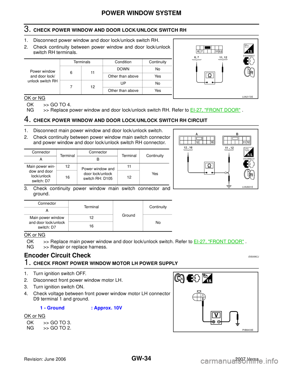 NISSAN LATIO 2007 Service Repair Manual GW-34
POWER WINDOW SYSTEM
Revision: June 20062007 Versa
3. CHECK POWER WINDOW AND DOOR LOCK/UNLOCK SWITCH RH
1. Disconnect power window and door lock/unlock switch RH.
2. Check continuity between powe NISSAN LATIO 2007 Service Repair Manual GW-34
POWER WINDOW SYSTEM
Revision: June 20062007 Versa
3. CHECK POWER WINDOW AND DOOR LOCK/UNLOCK SWITCH RH
1. Disconnect power window and door lock/unlock switch RH.
2. Check continuity between powe