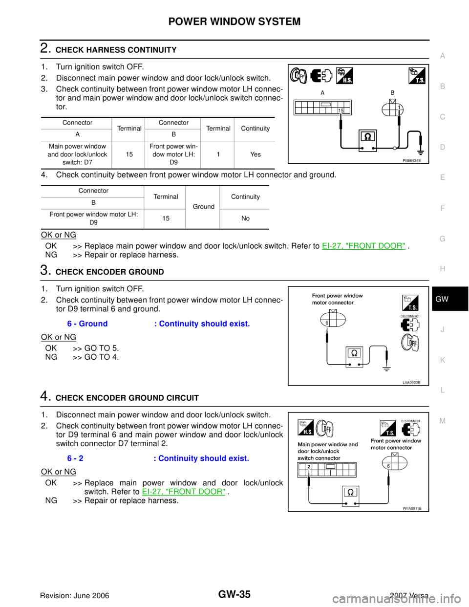 NISSAN LATIO 2007 Service Repair Manual POWER WINDOW SYSTEM
GW-35
C
D
E
F
G
H
J
K
L
MA
B
GW
Revision: June 20062007 Versa
2. CHECK HARNESS CONTINUITY
1. Turn ignition switch OFF.
2. Disconnect main power window and door lock/unlock switch.
NISSAN LATIO 2007 Service Repair Manual POWER WINDOW SYSTEM
GW-35
C
D
E
F
G
H
J
K
L
MA
B
GW
Revision: June 20062007 Versa
2. CHECK HARNESS CONTINUITY
1. Turn ignition switch OFF.
2. Disconnect main power window and door lock/unlock switch.