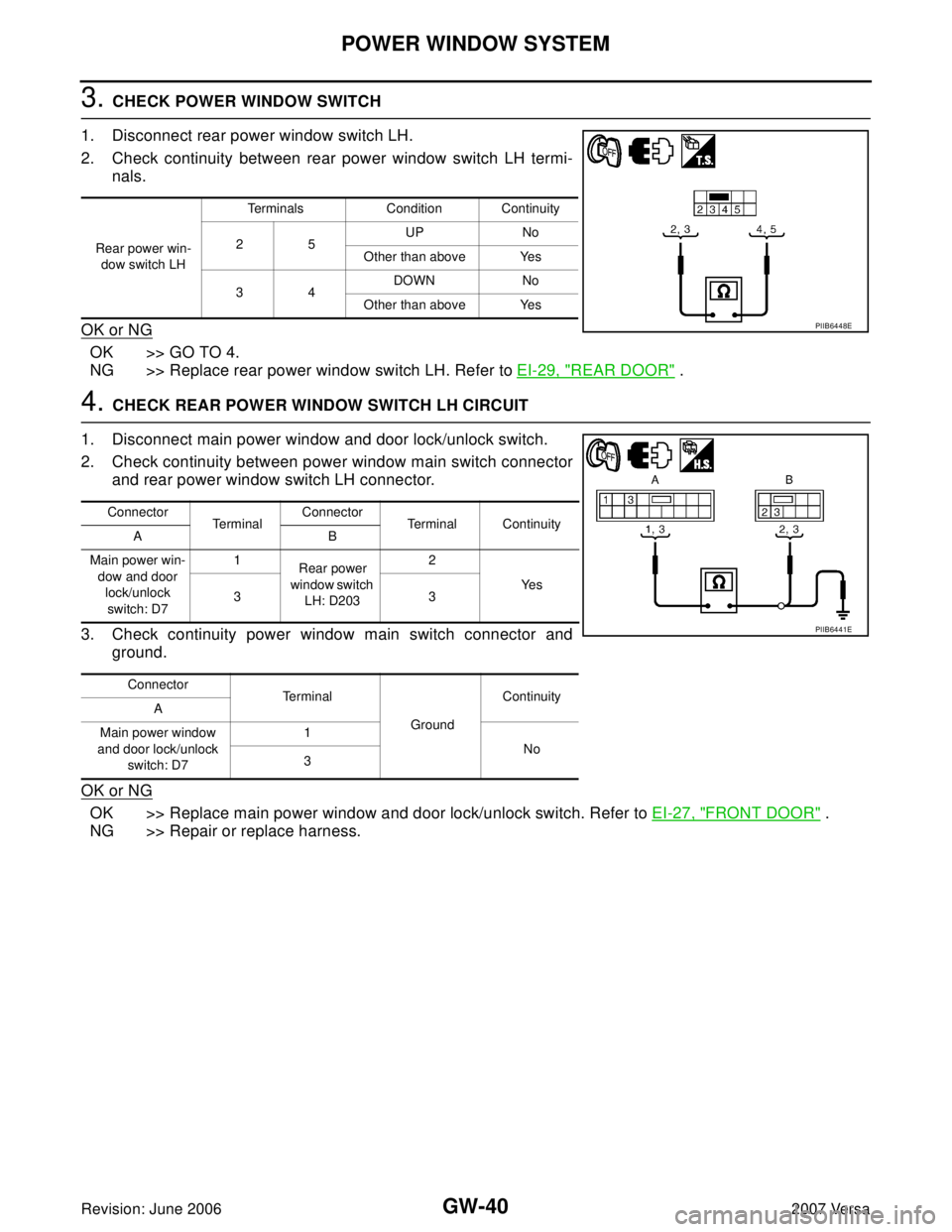 NISSAN LATIO 2007 Service Repair Manual GW-40
POWER WINDOW SYSTEM
Revision: June 20062007 Versa
3. CHECK POWER WINDOW SWITCH
1. Disconnect rear power window switch LH.
2. Check continuity between rear power window switch LH termi-
nals.
OK NISSAN LATIO 2007 Service Repair Manual GW-40
POWER WINDOW SYSTEM
Revision: June 20062007 Versa
3. CHECK POWER WINDOW SWITCH
1. Disconnect rear power window switch LH.
2. Check continuity between rear power window switch LH termi-
nals.
OK