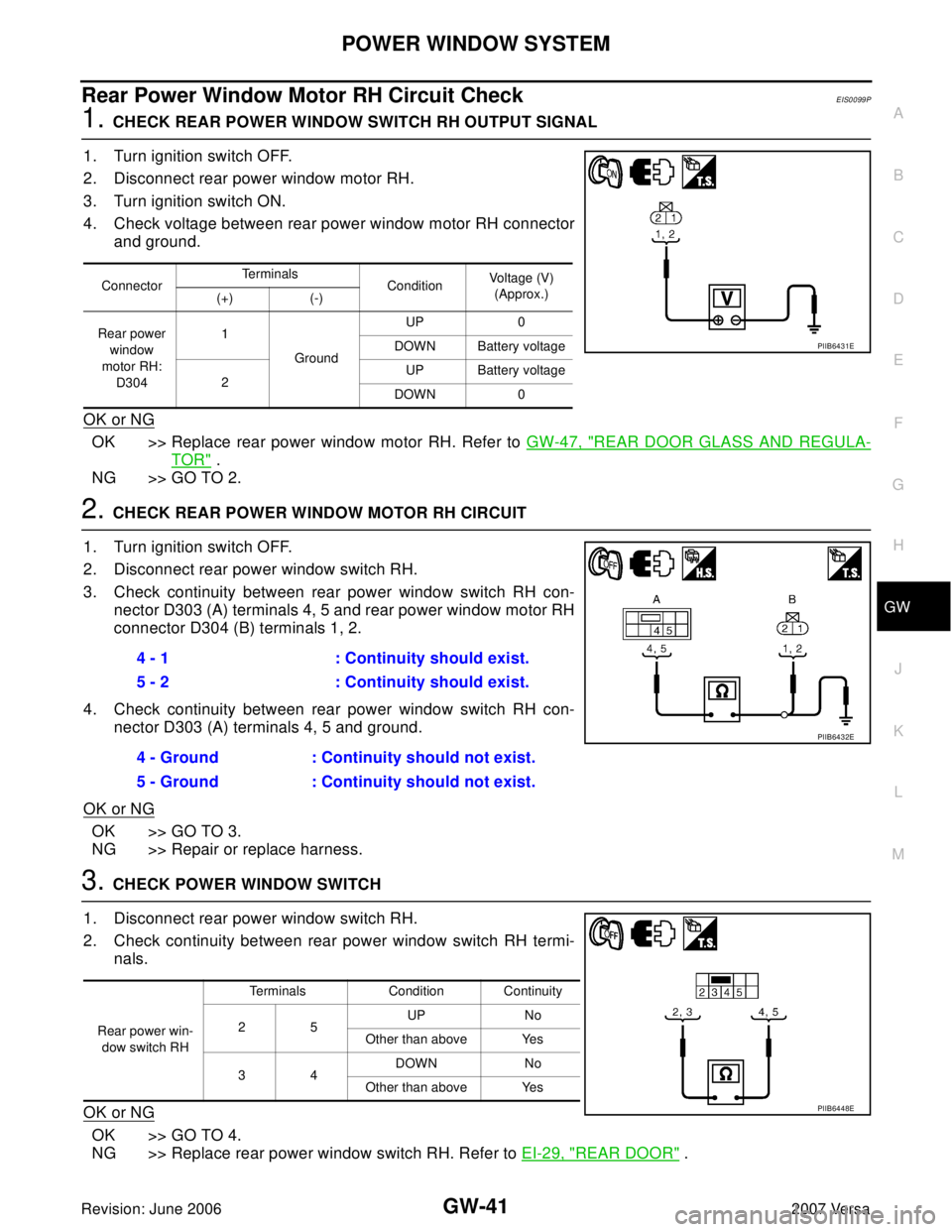 NISSAN LATIO 2007 Service Repair Manual POWER WINDOW SYSTEM
GW-41
C
D
E
F
G
H
J
K
L
MA
B
GW
Revision: June 20062007 Versa
Rear Power Window Motor RH Circuit CheckEIS0099P
1. CHECK REAR POWER WINDOW SWITCH RH OUTPUT SIGNAL
1. Turn ignition s NISSAN LATIO 2007 Service Repair Manual POWER WINDOW SYSTEM
GW-41
C
D
E
F
G
H
J
K
L
MA
B
GW
Revision: June 20062007 Versa
Rear Power Window Motor RH Circuit CheckEIS0099P
1. CHECK REAR POWER WINDOW SWITCH RH OUTPUT SIGNAL
1. Turn ignition s