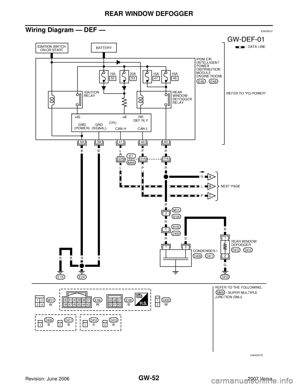 NISSAN LATIO 2007  Service Repair Manual GW-52
REAR WINDOW DEFOGGER
Revision: June 20062007 Versa
Wiring Diagram — DEF —EIS009CO
LIWA0557E 