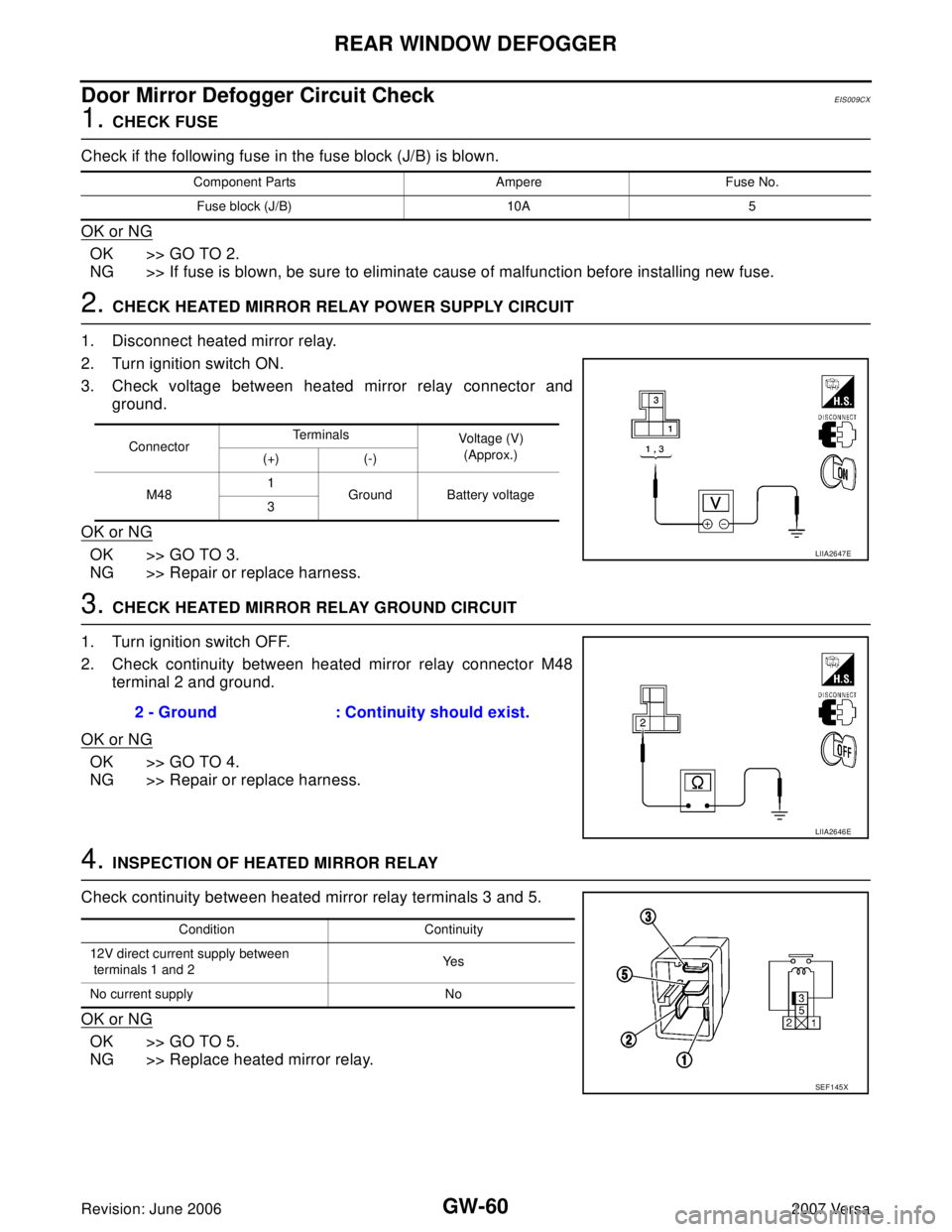NISSAN LATIO 2007 Service Repair Manual GW-60
REAR WINDOW DEFOGGER
Revision: June 20062007 Versa
Door Mirror Defogger Circuit CheckEIS009CX
1. CHECK FUSE
Check if the following fuse in the fuse block (J/B) is blown.
OK or NG
OK >> GO TO 2. NISSAN LATIO 2007 Service Repair Manual GW-60
REAR WINDOW DEFOGGER
Revision: June 20062007 Versa
Door Mirror Defogger Circuit CheckEIS009CX
1. CHECK FUSE
Check if the following fuse in the fuse block (J/B) is blown.
OK or NG
OK >> GO TO 2.