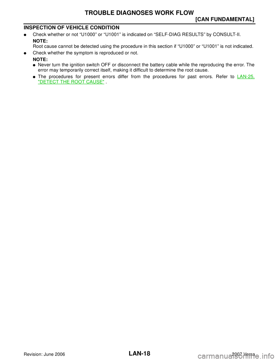 NISSAN LATIO 2007  Service Repair Manual LAN-18
[CAN FUNDAMENTAL]
TROUBLE DIAGNOSES WORK FLOW
Revision: June 20062007 Versa
INSPECTION OF VEHICLE CONDITION
Check whether or not “U1000” or “U1001” is indicated on “SELF-DIAG RESULTS
