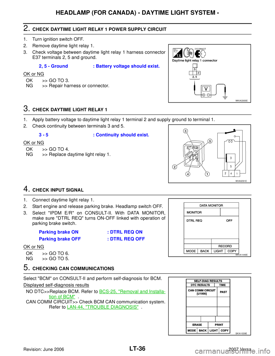 NISSAN LATIO 2007  Service Repair Manual LT-36
HEADLAMP (FOR CANADA) - DAYTIME LIGHT SYSTEM -
Revision: June 20062007 Versa
2. CHECK DAYTIME LIGHT RELAY 1 POWER SUPPLY CIRCUIT
1. Turn ignition switch OFF.
2. Remove daytime light relay 1.
3. 