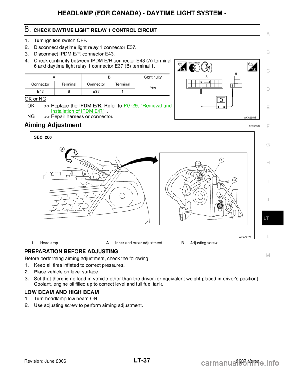 NISSAN LATIO 2007  Service Repair Manual HEADLAMP (FOR CANADA) - DAYTIME LIGHT SYSTEM -
LT-37
C
D
E
F
G
H
I
J
L
MA
B
LT
Revision: June 20062007 Versa
6. CHECK DAYTIME LIGHT RELAY 1 CONTROL CIRCUIT 
1. Turn ignition switch OFF.
2. Disconnect 