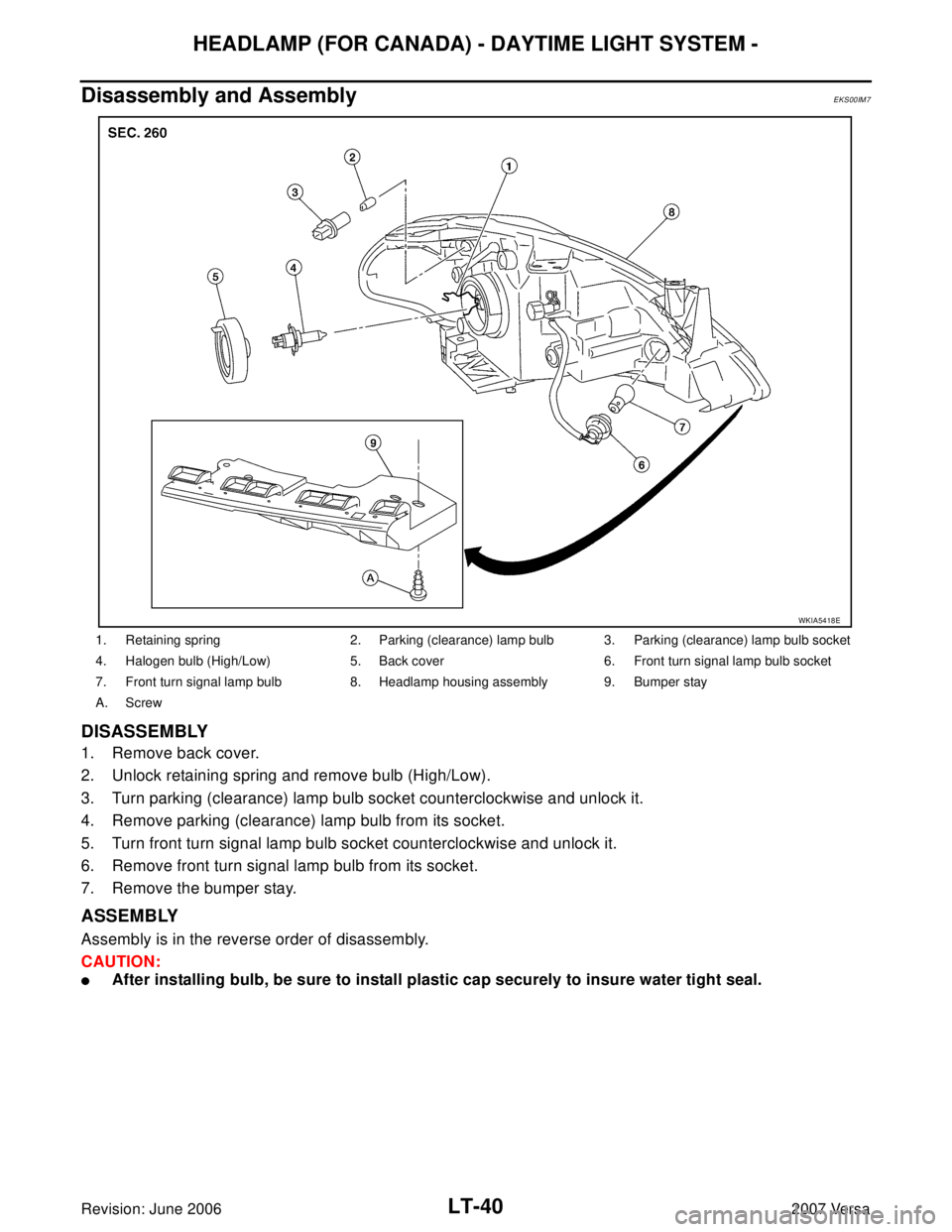 NISSAN LATIO 2007  Service Repair Manual LT-40
HEADLAMP (FOR CANADA) - DAYTIME LIGHT SYSTEM -
Revision: June 20062007 Versa
Disassembly and AssemblyEKS00IM7
DISASSEMBLY
1. Remove back cover.
2. Unlock retaining spring and remove bulb (High/L