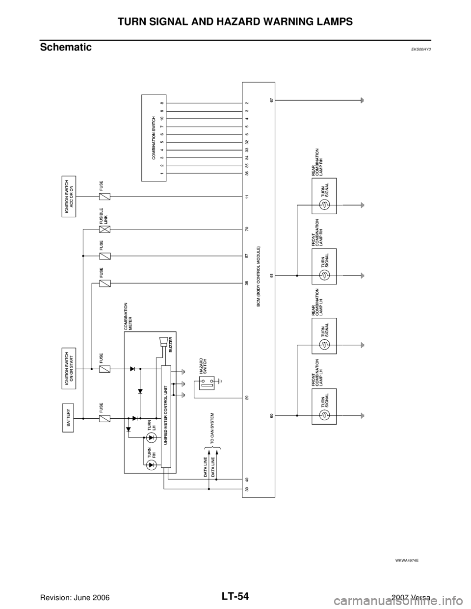 NISSAN LATIO 2007  Service Repair Manual LT-54
TURN SIGNAL AND HAZARD WARNING LAMPS
Revision: June 20062007 Versa
SchematicEKS00HY3
WKWA4974E 