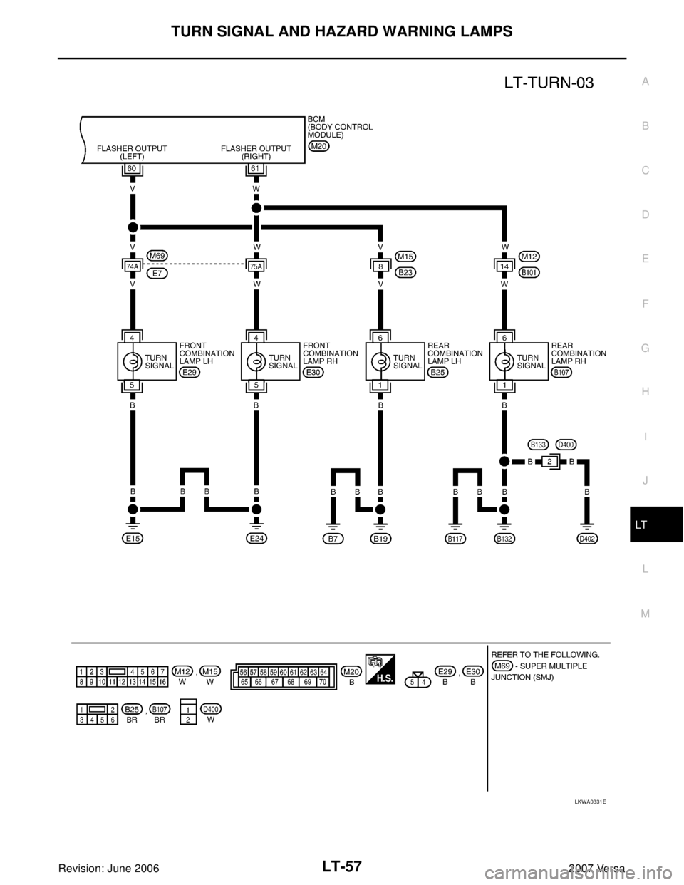 NISSAN LATIO 2007  Service Repair Manual TURN SIGNAL AND HAZARD WARNING LAMPS
LT-57
C
D
E
F
G
H
I
J
L
MA
B
LT
Revision: June 20062007 Versa
LKWA0331E 