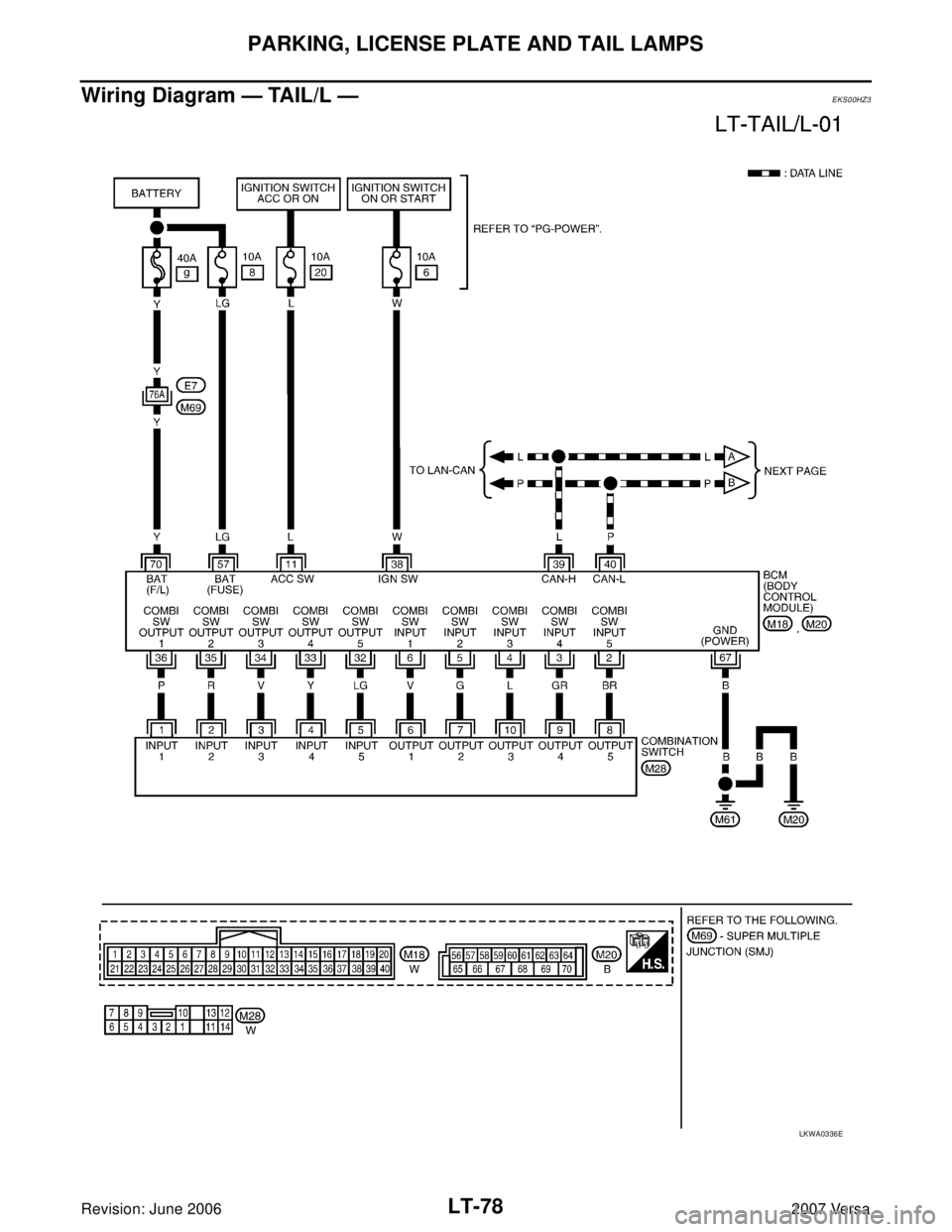 NISSAN LATIO 2007  Service Repair Manual LT-78
PARKING, LICENSE PLATE AND TAIL LAMPS
Revision: June 20062007 Versa
Wiring Diagram — TAIL/L —EKS00HZ3
LKWA0336E 