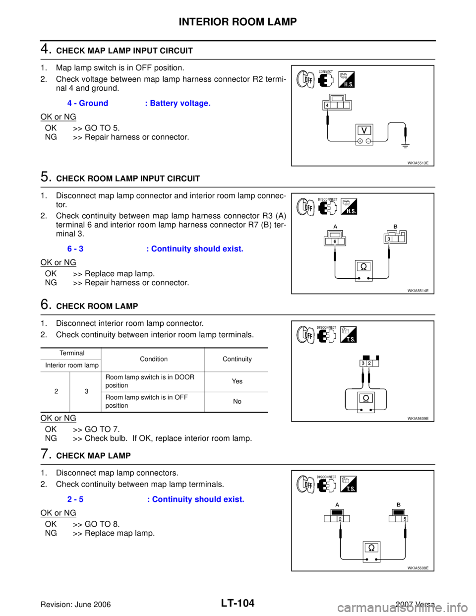 NISSAN LATIO 2007  Service Repair Manual LT-104
INTERIOR ROOM LAMP
Revision: June 20062007 Versa
4. CHECK MAP LAMP INPUT CIRCUIT
1. Map lamp switch is in OFF position.
2. Check voltage between map lamp harness connector R2 termi-
nal 4 and g