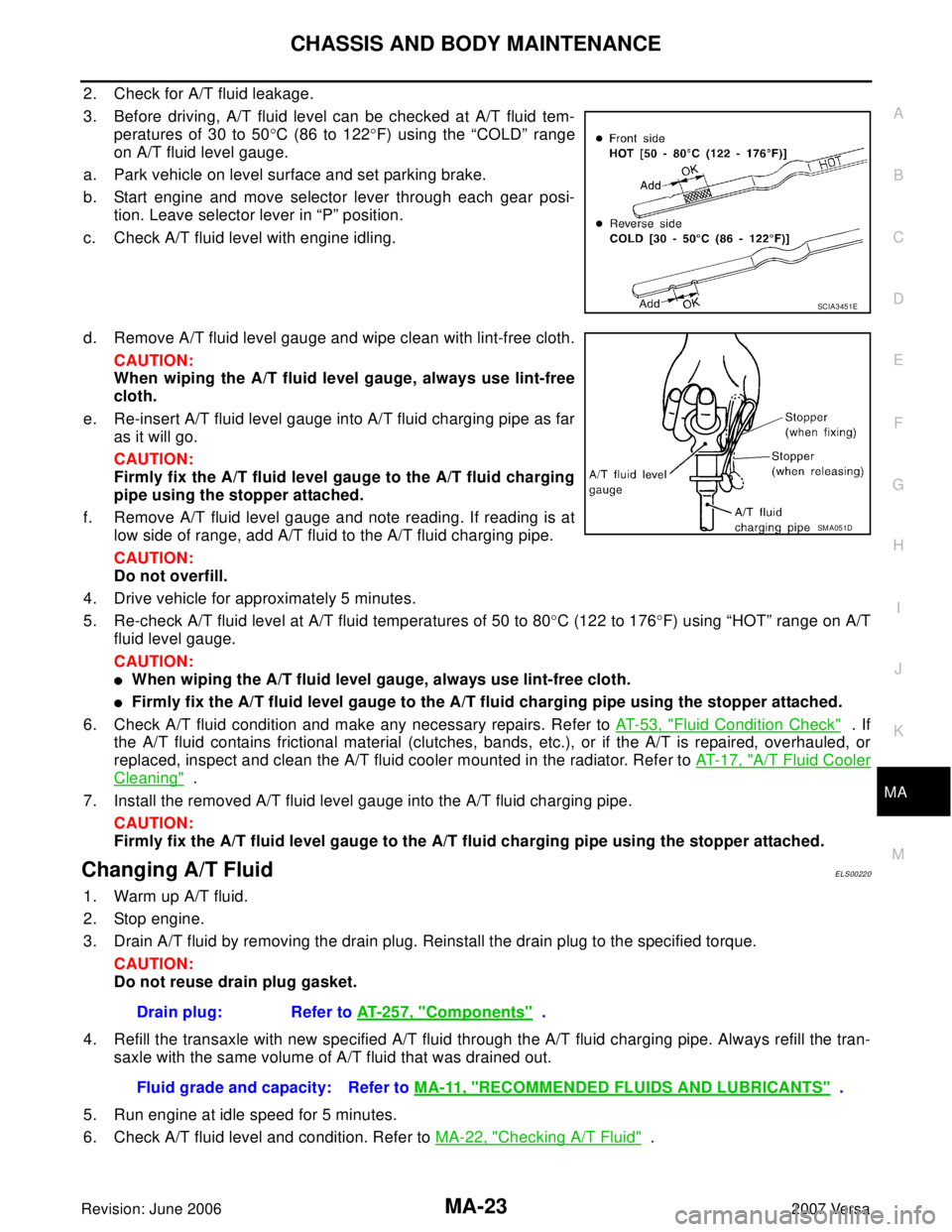 NISSAN LATIO 2007  Service Repair Manual CHASSIS AND BODY MAINTENANCE
MA-23
C
D
E
F
G
H
I
J
K
MA
B
MA
Revision: June 20062007 Versa
2. Check for A/T fluid leakage.
3. Before driving, A/T fluid level can be checked at A/T fluid tem-
peratures