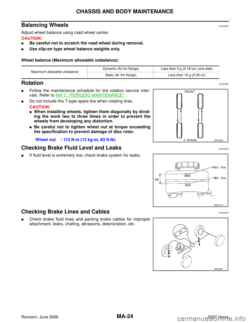 NISSAN LATIO 2007  Service Repair Manual MA-24
CHASSIS AND BODY MAINTENANCE
Revision: June 20062007 Versa
Balancing WheelsELS0022E
Adjust wheel balance using road wheel center.
CAUTION:
Be careful not to scratch the road wheel during remova