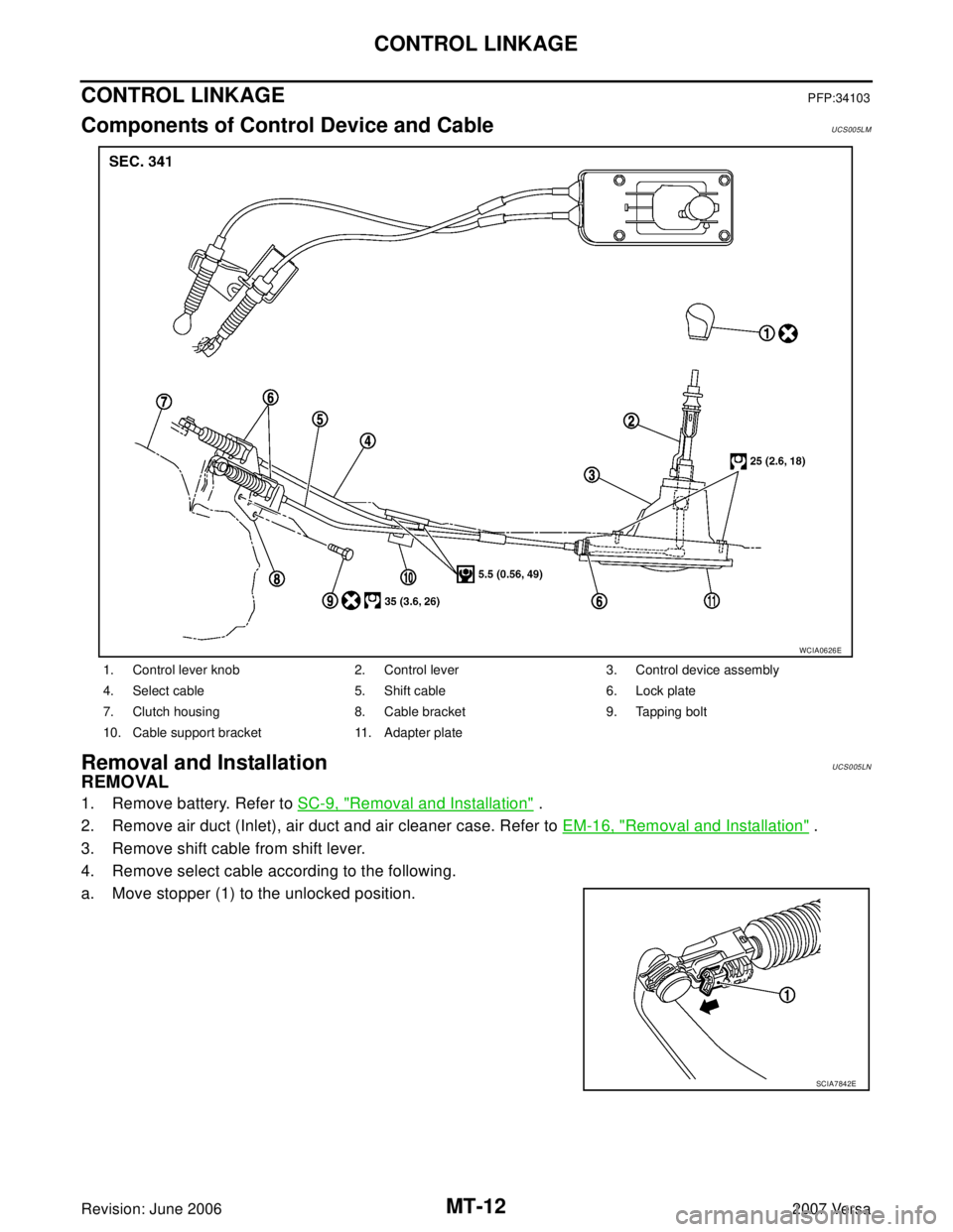 NISSAN LATIO 2007  Service Repair Manual MT-12
CONTROL LINKAGE
Revision: June 20062007 Versa
CONTROL LINKAGEPFP:34103
Components of Control Device and CableUCS005LM
Removal and InstallationUCS005LN
REMOVAL
1. Remove battery. Refer to SC-9, "