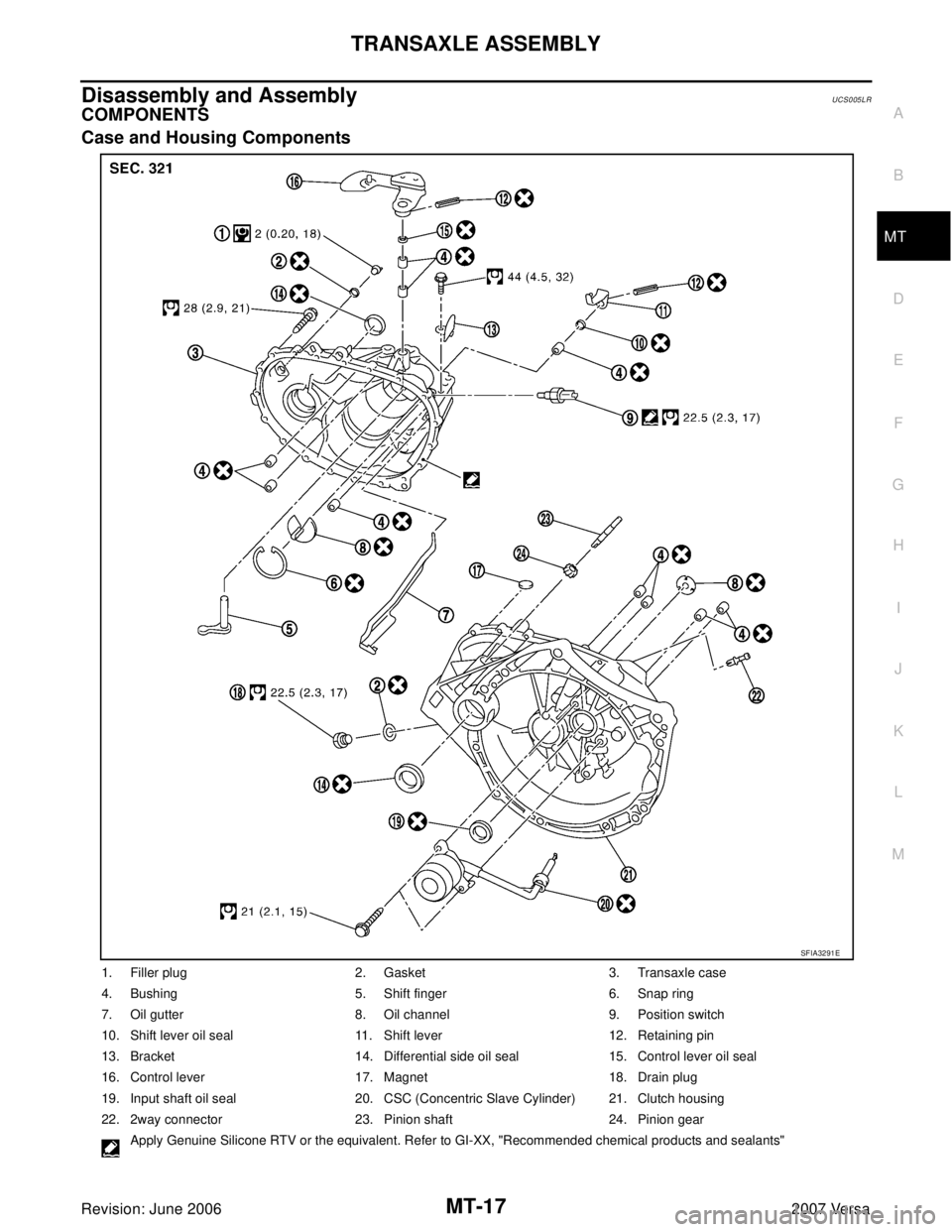 NISSAN LATIO 2007  Service Repair Manual TRANSAXLE ASSEMBLY
MT-17
D
E
F
G
H
I
J
K
L
MA
B
MT
Revision: June 20062007 Versa
Disassembly and AssemblyUCS005LR
COMPONENTS
Case and Housing Components
1. Filler plug 2. Gasket 3. Transaxle case
4. B