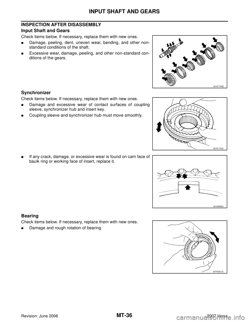 NISSAN LATIO 2007  Service Repair Manual MT-36
INPUT SHAFT AND GEARS
Revision: June 20062007 Versa
INSPECTION AFTER DISASSEMBLY
Input Shaft and Gears
Check items below. If necessary, replace them with new ones.
Damage, peeling, dent, uneven