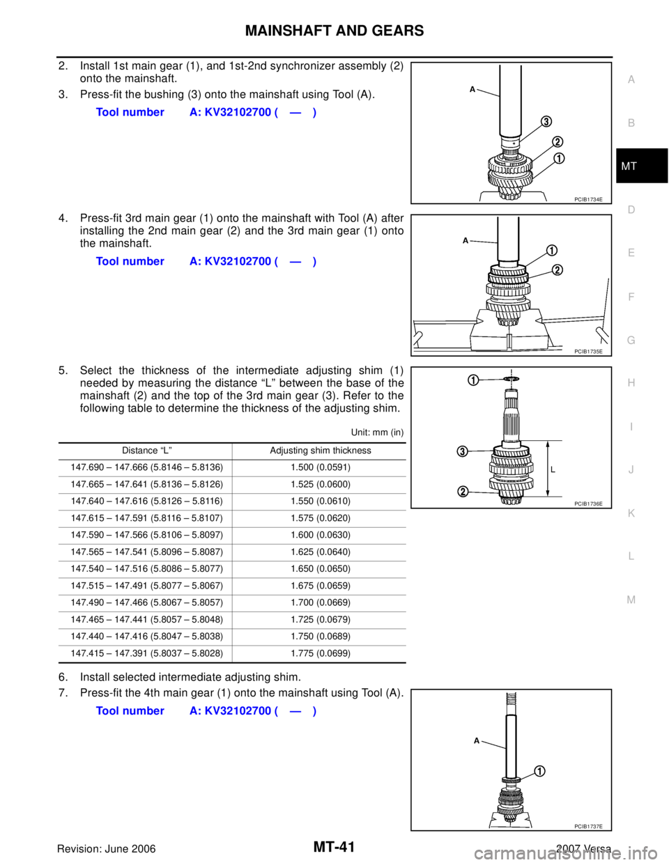 NISSAN LATIO 2007  Service Repair Manual MAINSHAFT AND GEARS
MT-41
D
E
F
G
H
I
J
K
L
MA
B
MT
Revision: June 20062007 Versa
2. Install 1st main gear (1), and 1st-2nd synchronizer assembly (2)
onto the mainshaft.
3. Press-fit the bushing (3) o