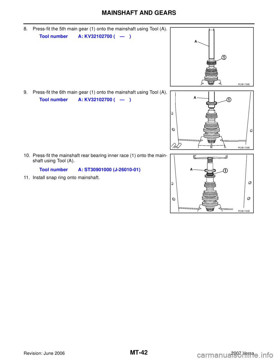 NISSAN LATIO 2007  Service Repair Manual MT-42
MAINSHAFT AND GEARS
Revision: June 20062007 Versa
8. Press-fit the 5th main gear (1) onto the mainshaft using Tool (A).
9. Press-fit the 6th main gear (1) onto the mainshaft using Tool (A).
10. 