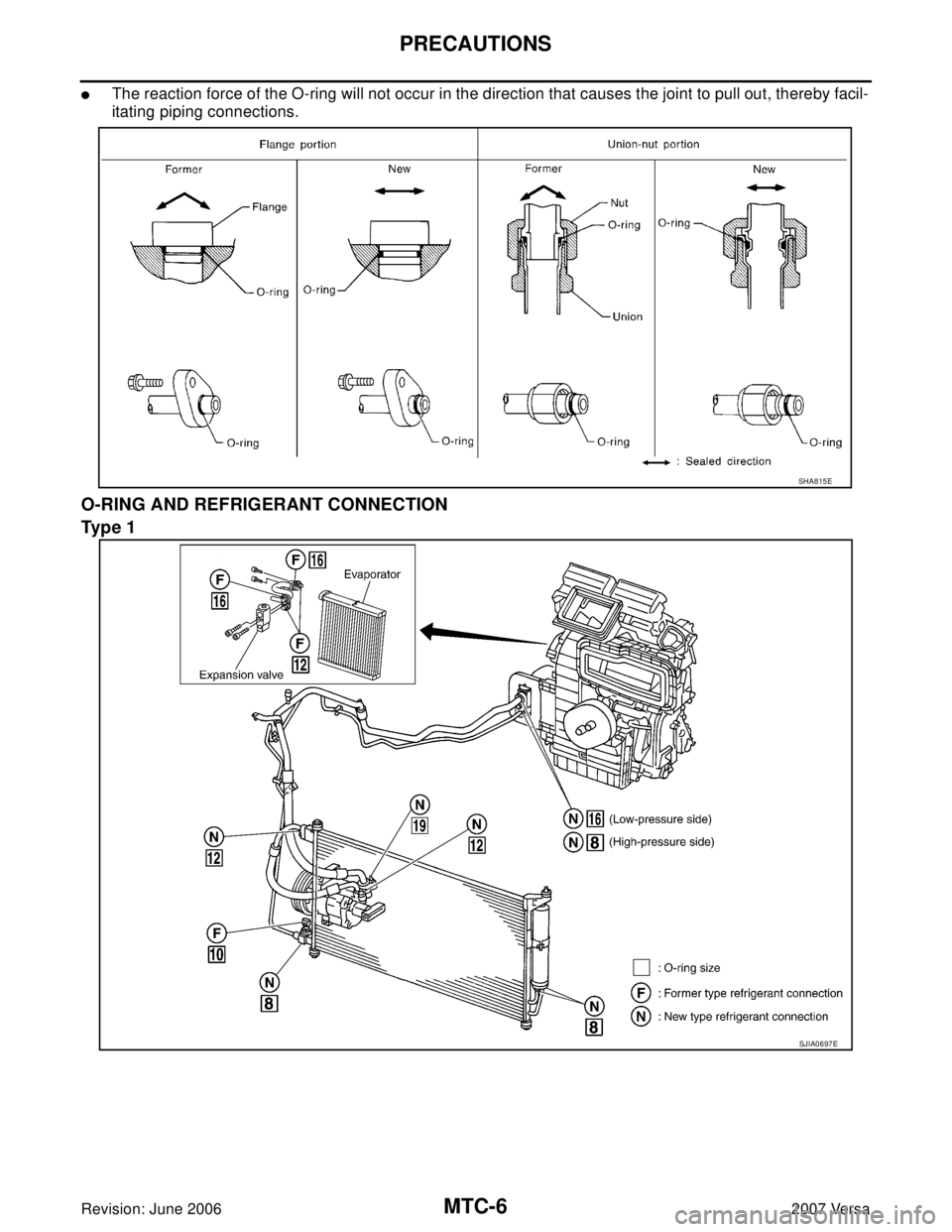 NISSAN LATIO 2007  Service Repair Manual MTC-6
PRECAUTIONS
Revision: June 20062007 Versa
The reaction force of the O-ring will not occur in the direction that causes the joint to pull out, thereby facil-
itating piping connections.
O-RING A