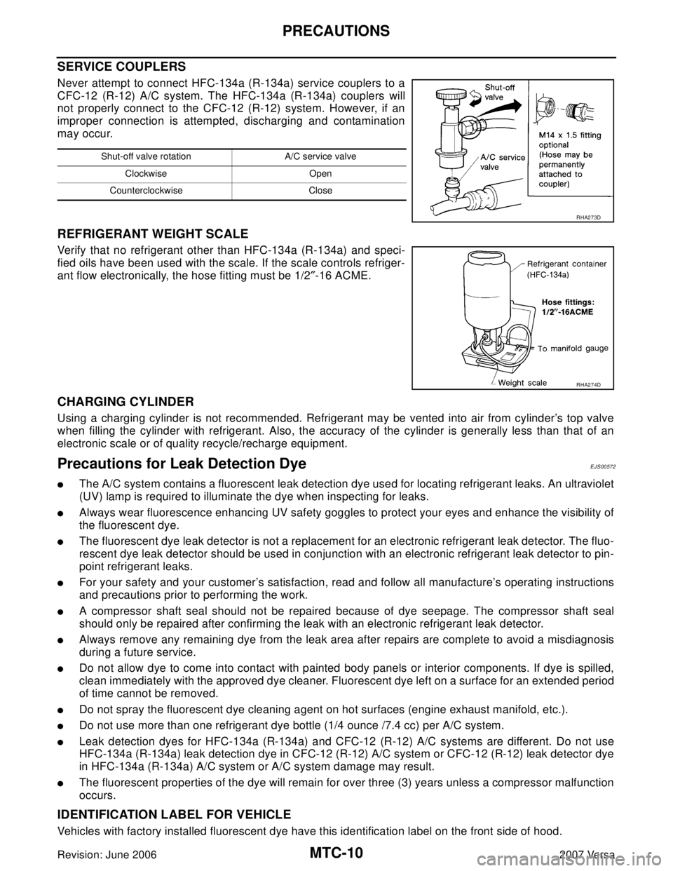NISSAN LATIO 2007  Service Repair Manual MTC-10
PRECAUTIONS
Revision: June 20062007 Versa
SERVICE COUPLERS
Never attempt to connect HFC-134a (R-134a) service couplers to a
CFC-12 (R-12) A/C system. The HFC-134a (R-134a) couplers will
not pro