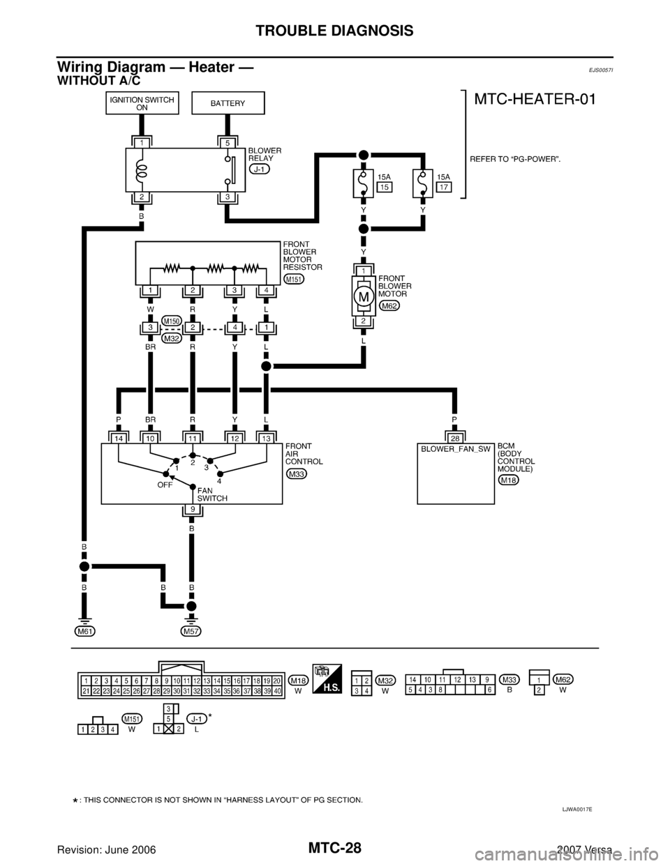 NISSAN LATIO 2007  Service Repair Manual MTC-28
TROUBLE DIAGNOSIS
Revision: June 20062007 Versa
Wiring Diagram — Heater —EJS0057I
WITHOUT A/C
LJWA0017E 