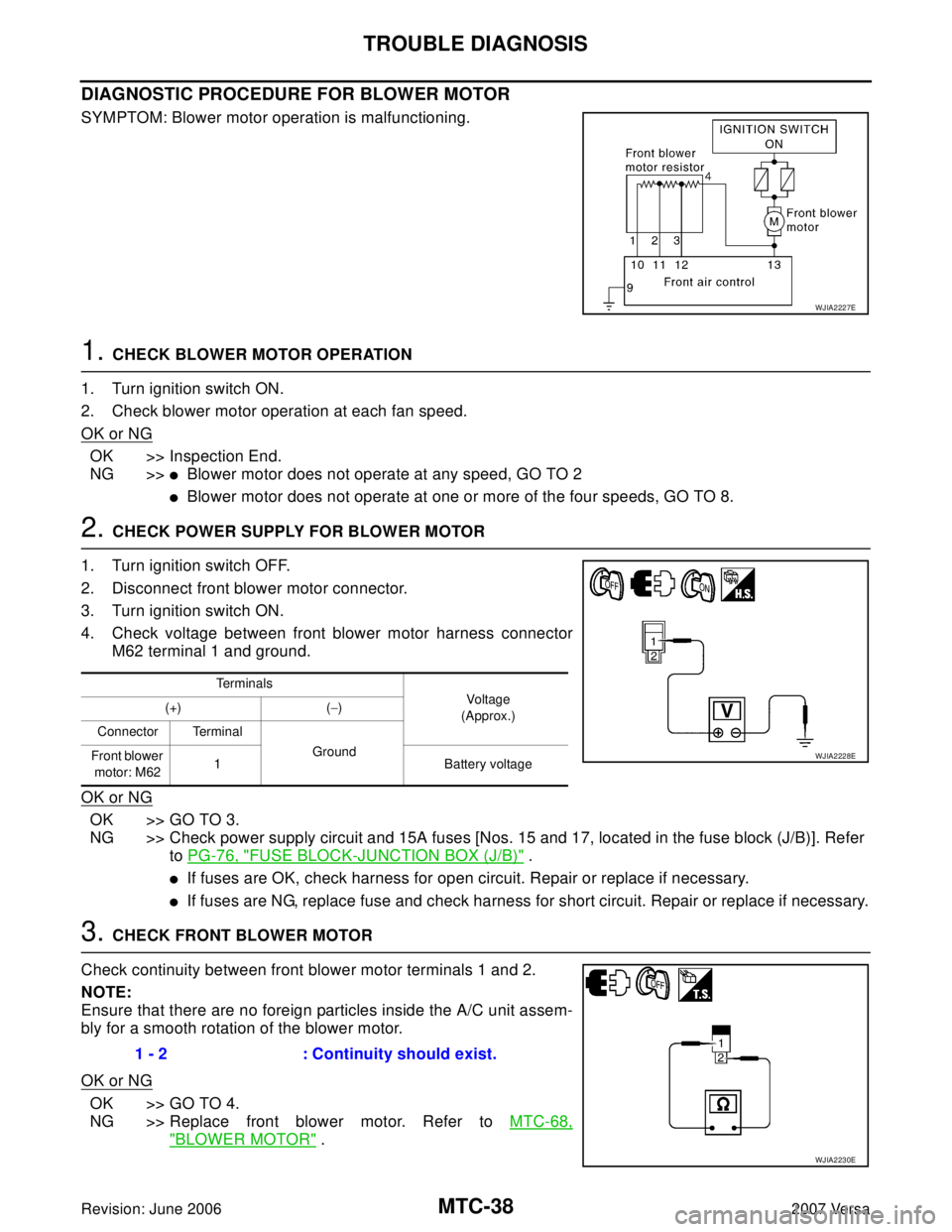 NISSAN LATIO 2007  Service Repair Manual MTC-38
TROUBLE DIAGNOSIS
Revision: June 20062007 Versa
DIAGNOSTIC PROCEDURE FOR BLOWER MOTOR
SYMPTOM: Blower motor operation is malfunctioning.
1. CHECK BLOWER MOTOR OPERATION
1. Turn ignition switch 