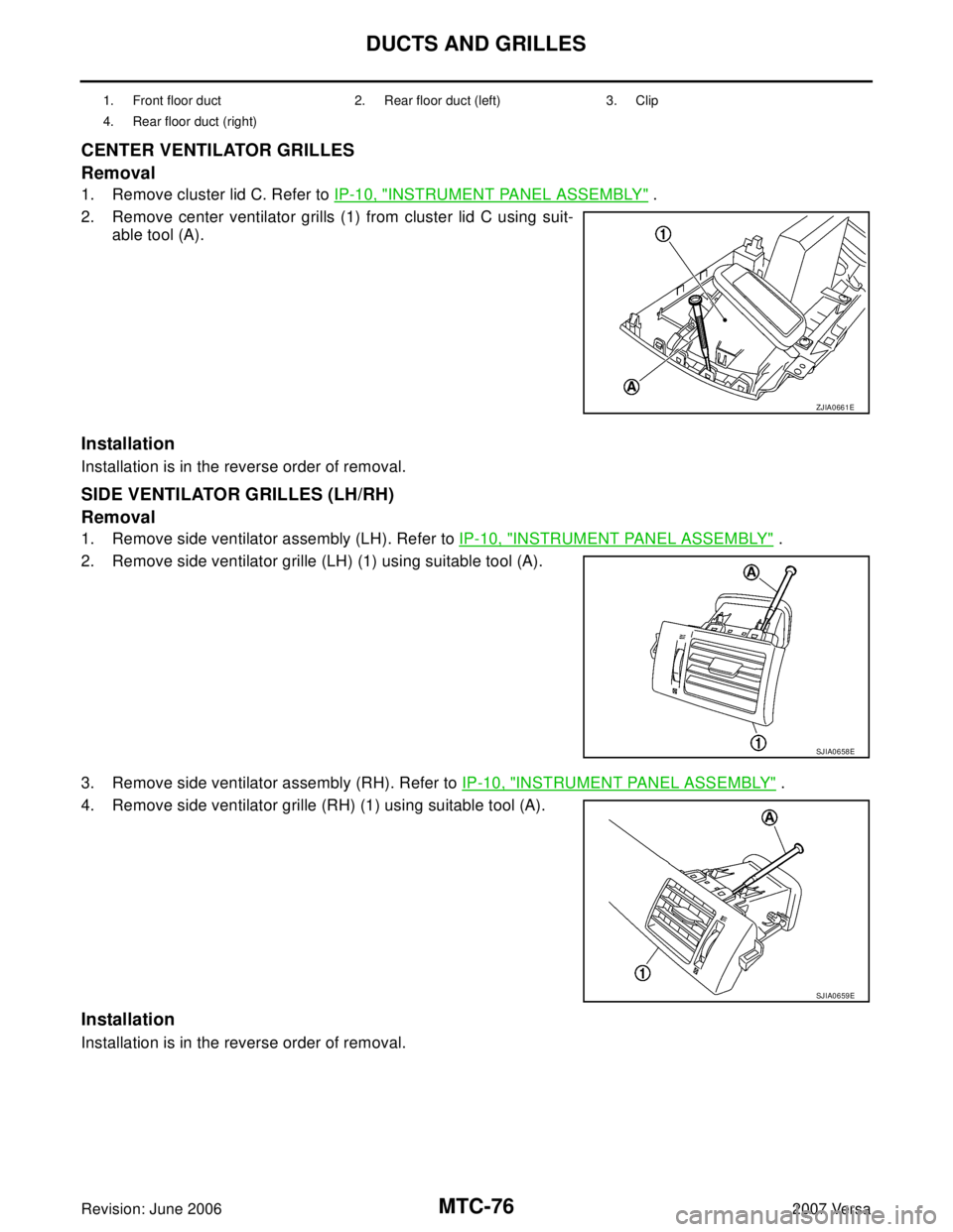 NISSAN LATIO 2007  Service Repair Manual MTC-76
DUCTS AND GRILLES
Revision: June 20062007 Versa
CENTER VENTILATOR GRILLES
Removal
1. Remove cluster lid C. Refer to IP-10, "INSTRUMENT PANEL ASSEMBLY" .
2. Remove center ventilator grills (1) f