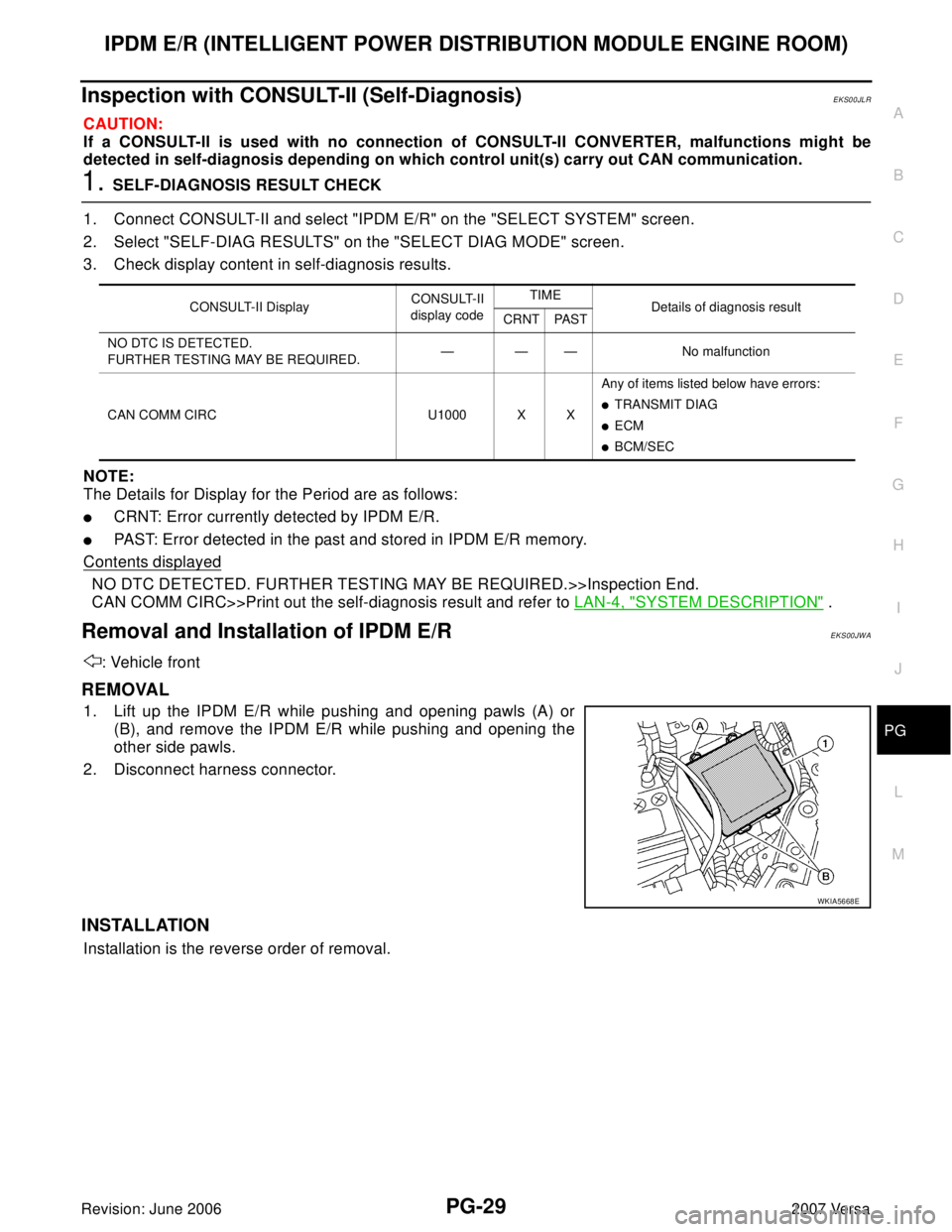 NISSAN LATIO 2007 Service Repair Manual IPDM E/R (INTELLIGENT POWER DISTRIBUTION MODULE ENGINE ROOM)
PG-29
C
D
E
F
G
H
I
J
L
MA
B
PG
Revision: June 20062007 Versa
Inspection with CONSULT-II (Self-Diagnosis)EKS00JLR
CAUTION:
If a CONSULT-II NISSAN LATIO 2007 Service Repair Manual IPDM E/R (INTELLIGENT POWER DISTRIBUTION MODULE ENGINE ROOM)
PG-29
C
D
E
F
G
H
I
J
L
MA
B
PG
Revision: June 20062007 Versa
Inspection with CONSULT-II (Self-Diagnosis)EKS00JLR
CAUTION:
If a CONSULT-II
