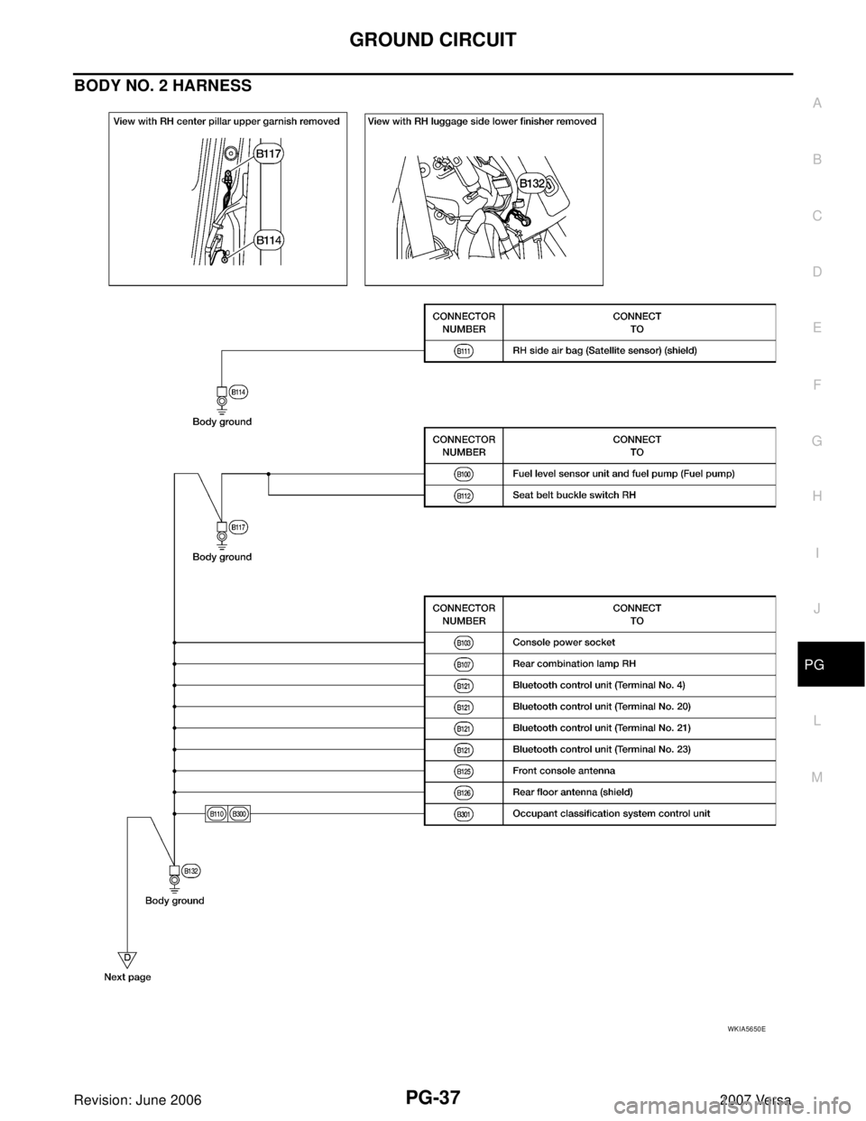 NISSAN LATIO 2007 Service Repair Manual GROUND CIRCUIT
PG-37
C
D
E
F
G
H
I
J
L
MA
B
PG
Revision: June 20062007 Versa
BODY NO. 2 HARNESS
WKIA5650E NISSAN LATIO 2007 Service Repair Manual GROUND CIRCUIT
PG-37
C
D
E
F
G
H
I
J
L
MA
B
PG
Revision: June 20062007 Versa
BODY NO. 2 HARNESS
WKIA5650E