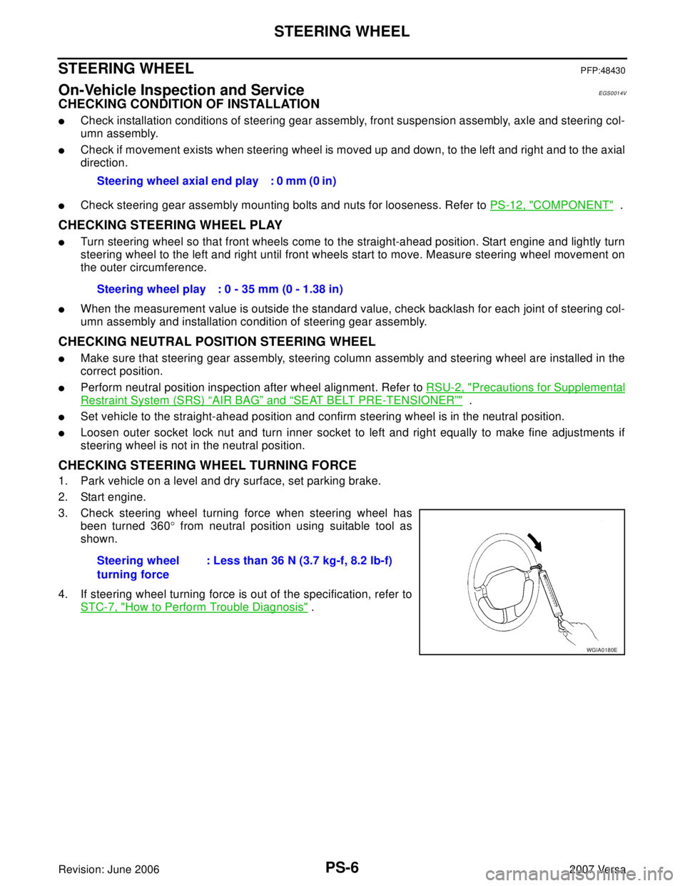 NISSAN LATIO 2007  Service Repair Manual PS-6
STEERING WHEEL
Revision: June 20062007 Versa
STEERING WHEELPFP:48430
On-Vehicle Inspection and ServiceEGS0014V
CHECKING CONDITION OF INSTALLATION
Check installation conditions of steering gear a