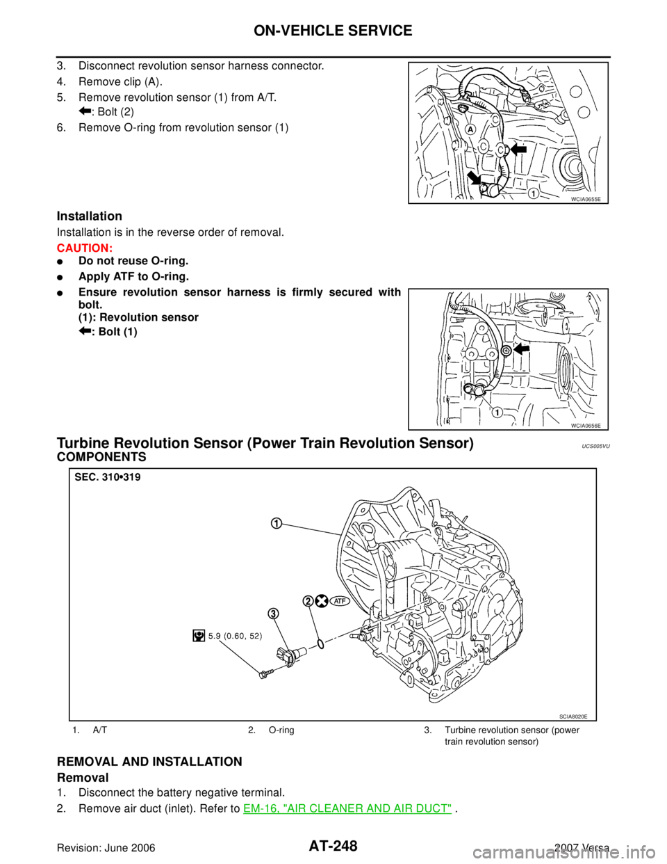 NISSAN LATIO 2007  Service Repair Manual AT-248
ON-VEHICLE SERVICE
Revision: June 20062007 Versa
3. Disconnect revolution sensor harness connector.
4. Remove clip (A).
5. Remove revolution sensor (1) from A/T.
: Bolt (2)
6. Remove O-ring fro
