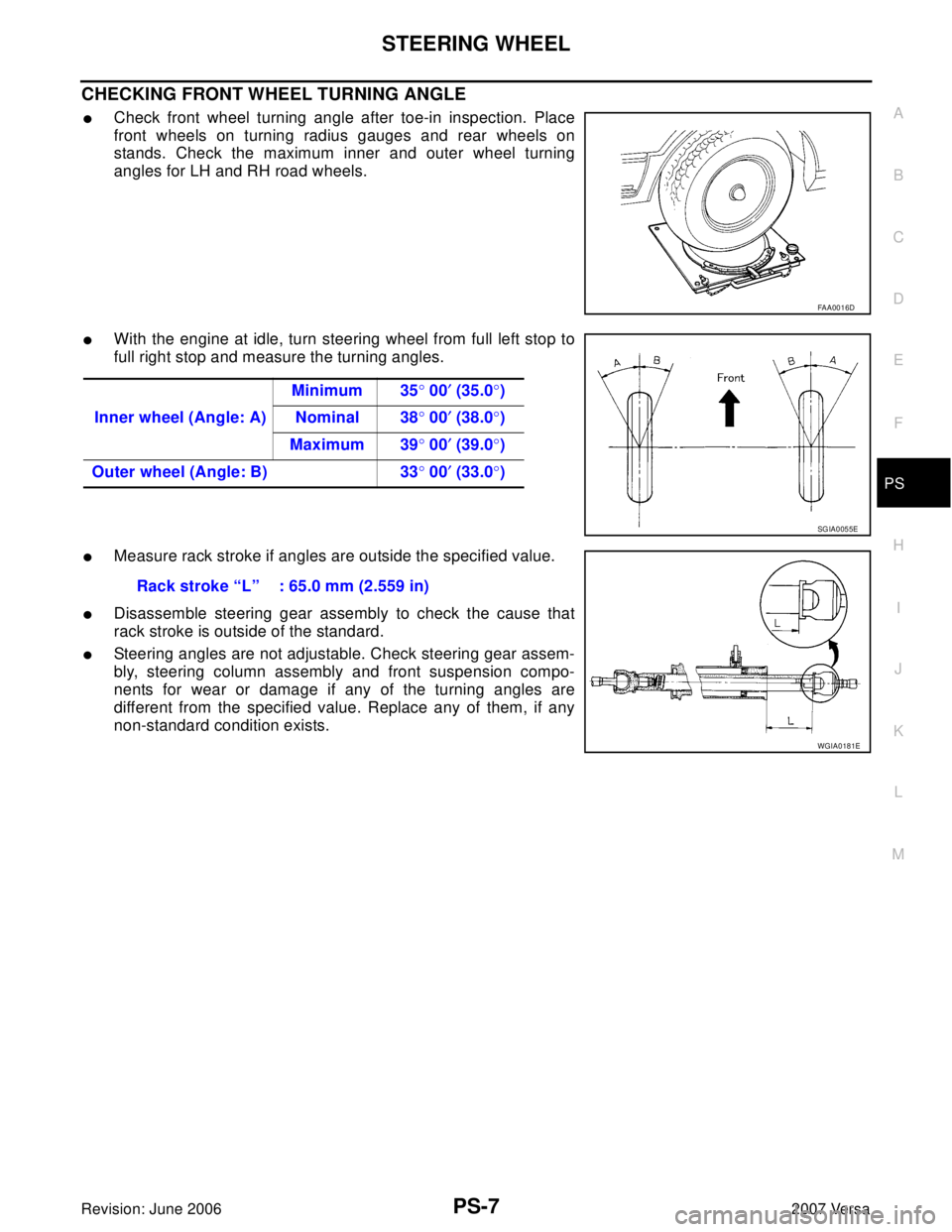 NISSAN LATIO 2007  Service Repair Manual STEERING WHEEL
PS-7
C
D
E
F
H
I
J
K
L
MA
B
PS
Revision: June 20062007 Versa
CHECKING FRONT WHEEL TURNING ANGLE
Check front wheel turning angle after toe-in inspection. Place
front wheels on turning r