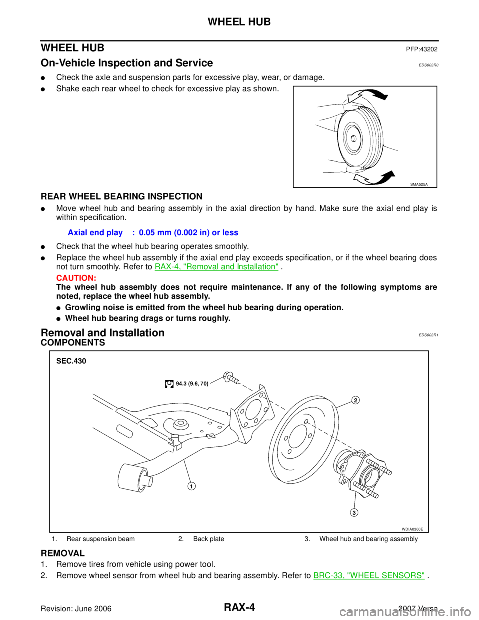 NISSAN LATIO 2007  Service Repair Manual RAX-4
WHEEL HUB
Revision: June 20062007 Versa
WHEEL HUBPFP:43202
On-Vehicle Inspection and ServiceEDS003R0
Check the axle and suspension parts for excessive play, wear, or damage.
Shake each rear wh