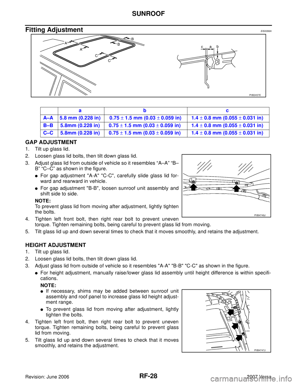 NISSAN LATIO 2007  Service Repair Manual RF-28
SUNROOF
Revision: June 20062007 Versa
Fitting AdjustmentEIS0096A
GAP ADJUSTMENT
1. Tilt up glass lid.
2. Loosen glass lid bolts, then tilt down glass lid.
3. Adjust glass lid from outside of veh