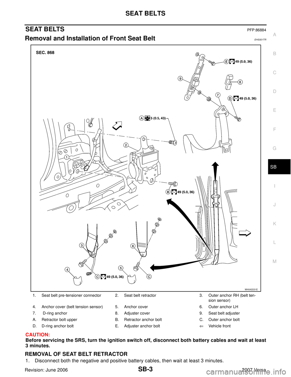 NISSAN LATIO 2007 Service Repair Manual SEAT BELTS
SB-3
C
D
E
F
G
I
J
K
L
MA
B
SB
Revision: June 20062007 Versa
SEAT BELTSPFP:86884
Removal and Installation of Front Seat Belt EHS001TR
CAUTION:
Before servicing the SRS, turn the ignition sw NISSAN LATIO 2007 Service Repair Manual SEAT BELTS
SB-3
C
D
E
F
G
I
J
K
L
MA
B
SB
Revision: June 20062007 Versa
SEAT BELTSPFP:86884
Removal and Installation of Front Seat Belt EHS001TR
CAUTION:
Before servicing the SRS, turn the ignition sw
