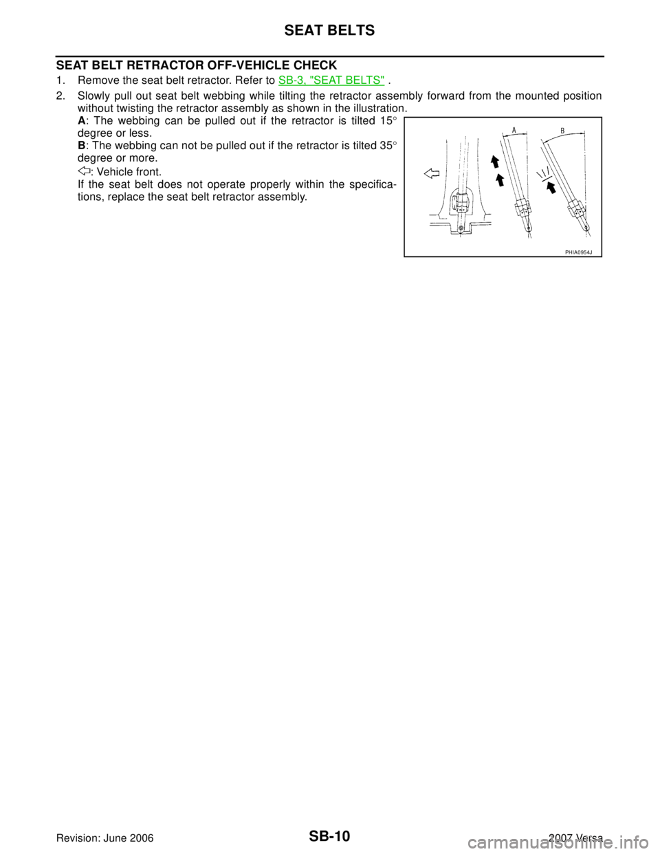 NISSAN LATIO 2007  Service Repair Manual SB-10
SEAT BELTS
Revision: June 20062007 Versa
SEAT BELT RETRACTOR OFF-VEHICLE CHECK
1. Remove the seat belt retractor. Refer to SB-3, "SEAT BELTS" .
2. Slowly pull out seat belt webbing while tilting