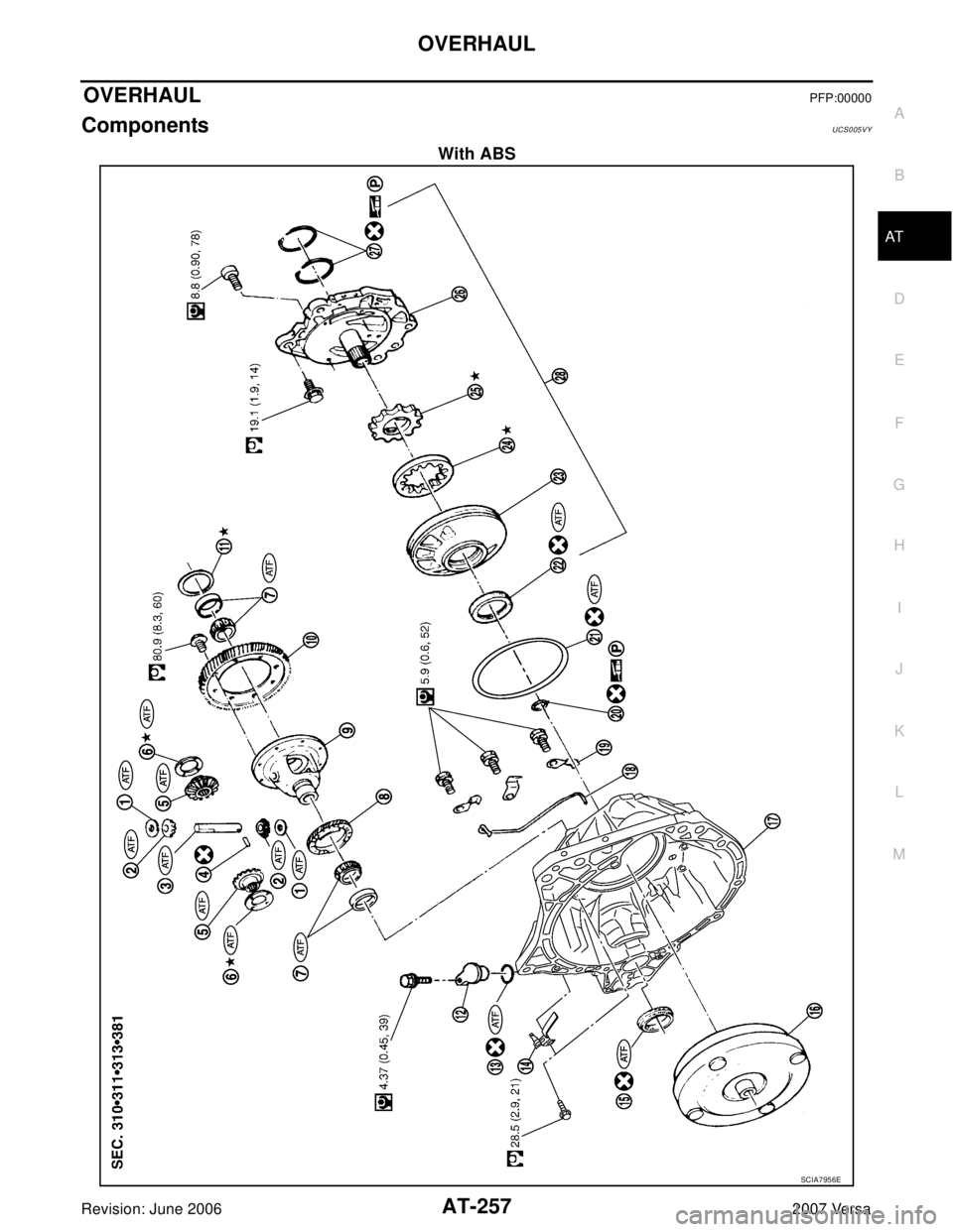NISSAN LATIO 2007  Service Repair Manual OVERHAUL
AT-257
D
E
F
G
H
I
J
K
L
MA
B
AT
Revision: June 20062007 Versa
OVERHAULPFP:00000
ComponentsUCS005VY
With ABS
SCIA7956E 