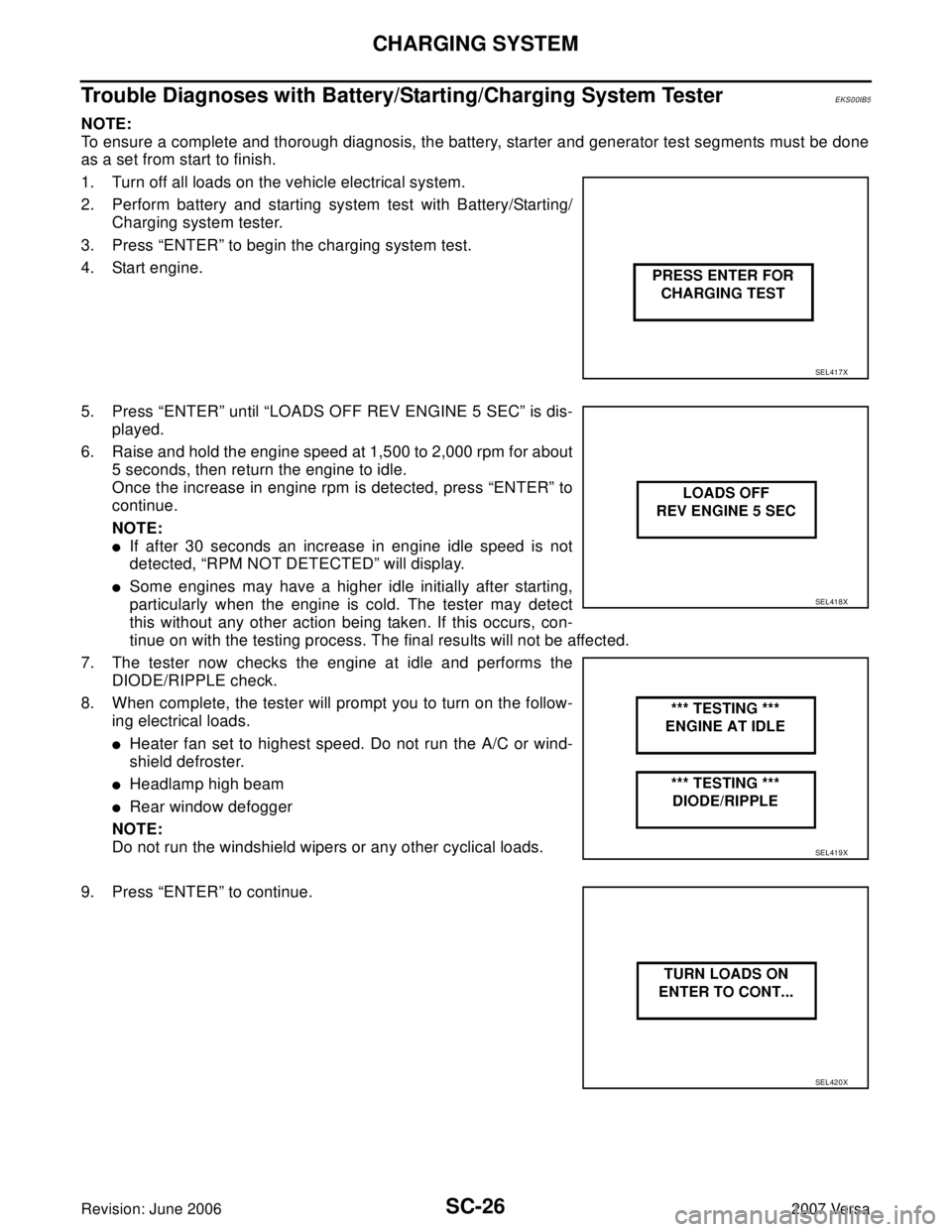NISSAN LATIO 2007 Service Repair Manual SC-26
CHARGING SYSTEM
Revision: June 20062007 Versa
Trouble Diagnoses with Battery/Starting/Charging System TesterEKS00IB5
NOTE:
To ensure a complete and thorough diagnosis, the battery, starter and g NISSAN LATIO 2007 Service Repair Manual SC-26
CHARGING SYSTEM
Revision: June 20062007 Versa
Trouble Diagnoses with Battery/Starting/Charging System TesterEKS00IB5
NOTE:
To ensure a complete and thorough diagnosis, the battery, starter and g