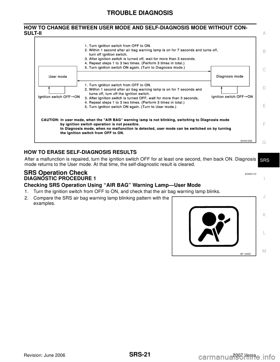 NISSAN LATIO 2007  Service Repair Manual TROUBLE DIAGNOSIS
SRS-21
C
D
E
F
G
I
J
K
L
MA
B
SRS
Revision: June 20062007 Versa
HOW TO CHANGE BETWEEN USER MODE AND SELF-DIAGNOSIS MODE WITHOUT CON-
SULT-II
HOW TO ERASE SELF-DIAGNOSIS RESULTS
After