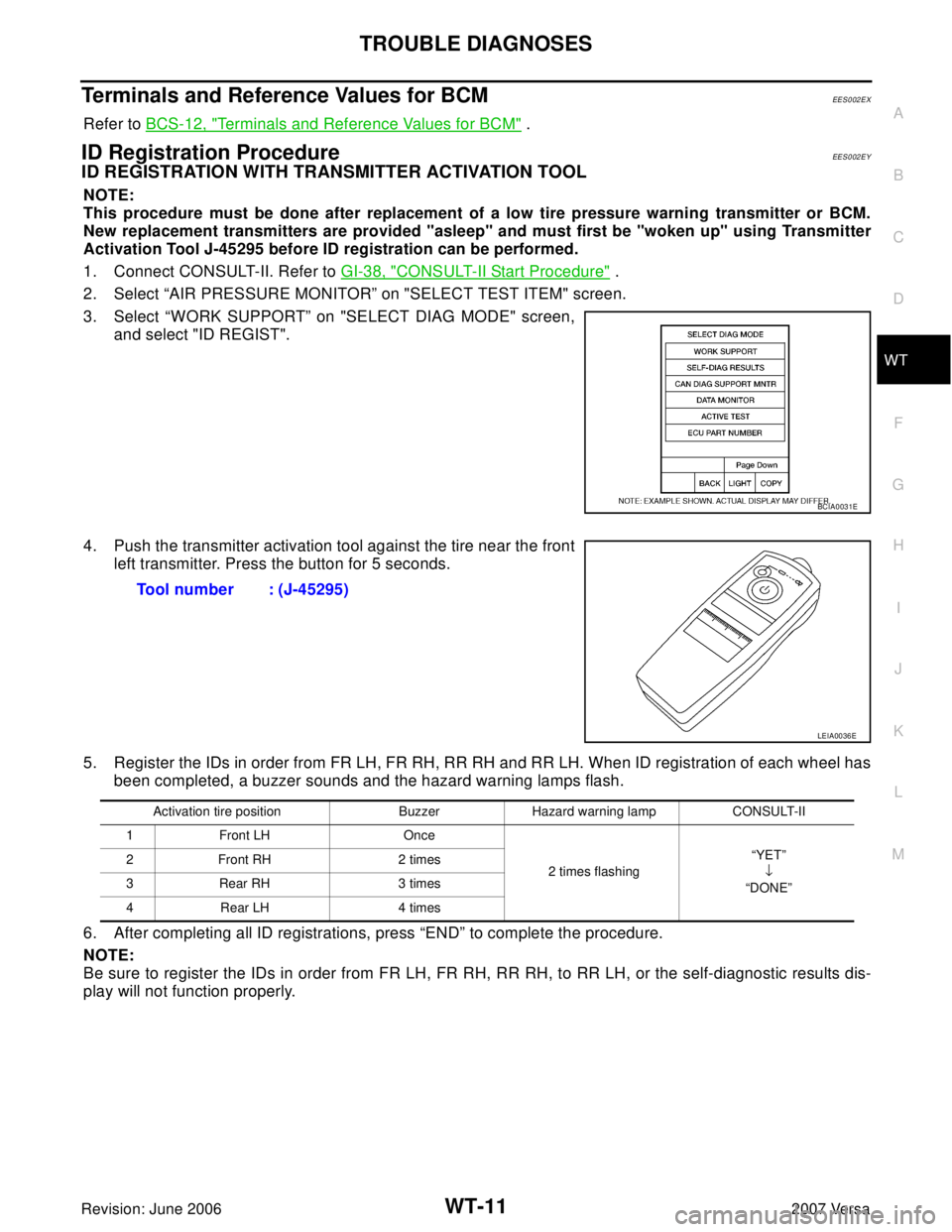 NISSAN LATIO 2007  Service Repair Manual TROUBLE DIAGNOSES
WT-11
C
D
F
G
H
I
J
K
L
MA
B
WT
Revision: June 20062007 Versa
Terminals and Reference Values for BCMEES002EX
Refer to BCS-12, "Terminals and Reference Values for BCM" .
ID Registrati