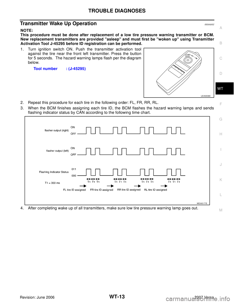 NISSAN LATIO 2007  Service Repair Manual TROUBLE DIAGNOSES
WT-13
C
D
F
G
H
I
J
K
L
MA
B
WT
Revision: June 20062007 Versa
Transmitter Wake Up OperationEES002EZ
NOTE:
This procedure must be done after replacement of a low tire pressure warning