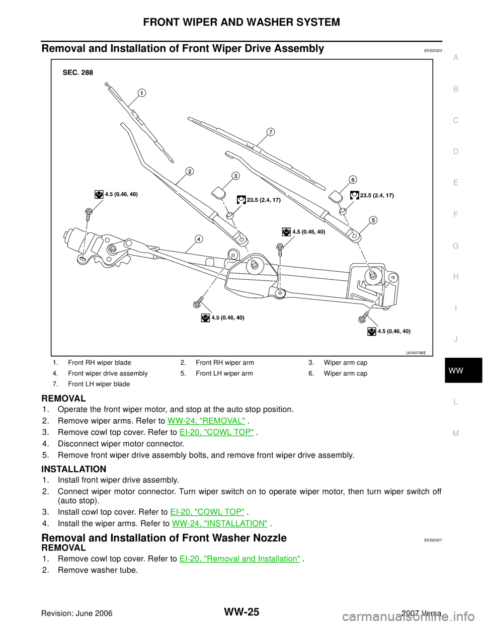 NISSAN LATIO 2007  Service Repair Manual FRONT WIPER AND WASHER SYSTEM
WW-25
C
D
E
F
G
H
I
J
L
MA
B
WW
Revision: June 20062007 Versa
Removal and Installation of Front Wiper Drive AssemblyEKS00I23
REMOVAL
1. Operate the front wiper motor, and