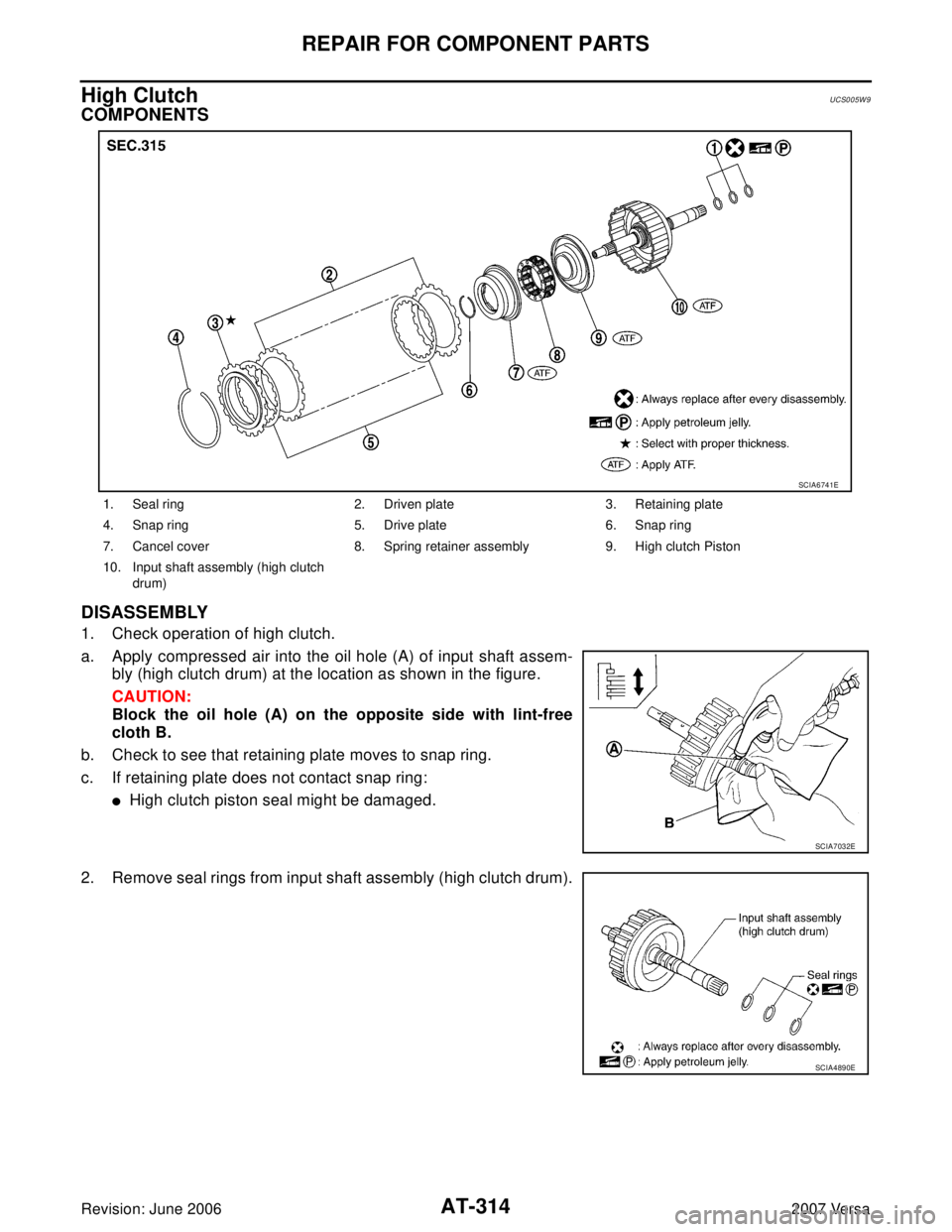 NISSAN LATIO 2007  Service Repair Manual AT-314
REPAIR FOR COMPONENT PARTS
Revision: June 20062007 Versa
High ClutchUCS005W9
COMPONENTS
DISASSEMBLY
1. Check operation of high clutch.
a. Apply compressed air into the oil hole (A) of input sha