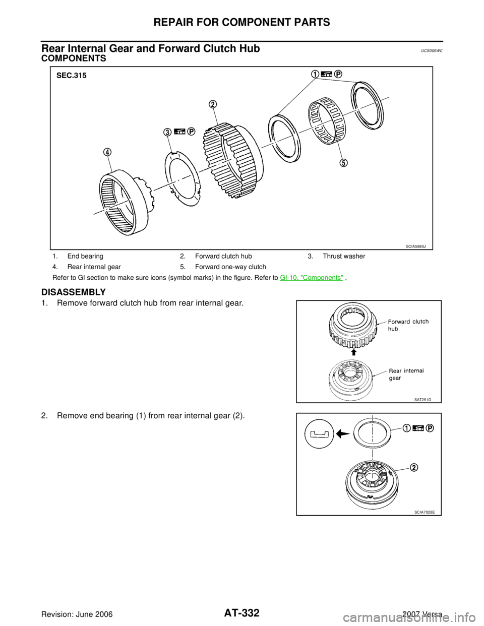 NISSAN LATIO 2007  Service Repair Manual AT-332
REPAIR FOR COMPONENT PARTS
Revision: June 20062007 Versa
Rear Internal Gear and Forward Clutch HubUCS005WC
COMPONENTS
DISASSEMBLY
1. Remove forward clutch hub from rear internal gear.
2. Remove