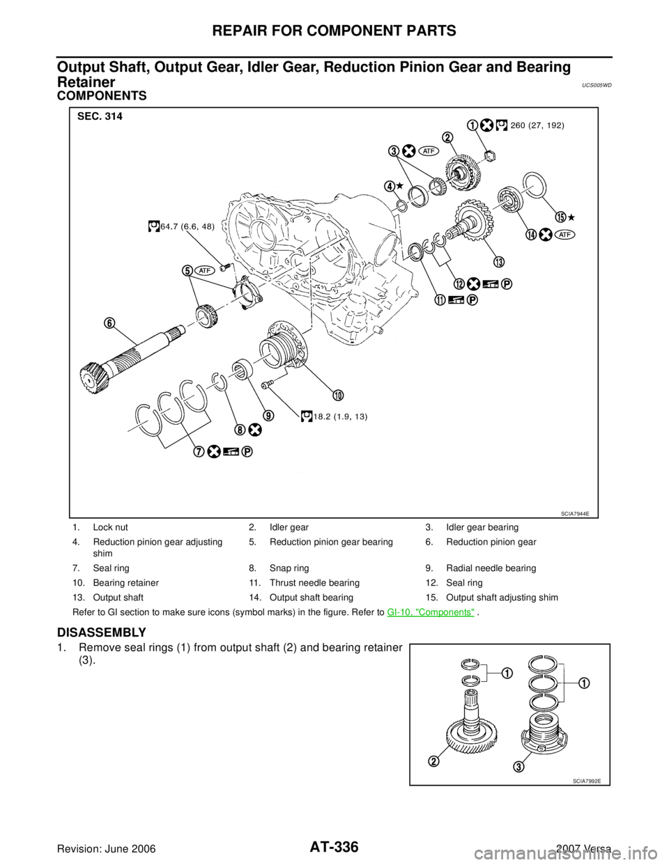 NISSAN LATIO 2007  Service Repair Manual AT-336
REPAIR FOR COMPONENT PARTS
Revision: June 20062007 Versa
Output Shaft, Output Gear, Idler Gear, Reduction Pinion Gear and Bearing 
Retainer 
UCS005WD
COMPONENTS
DISASSEMBLY
1. Remove seal rings