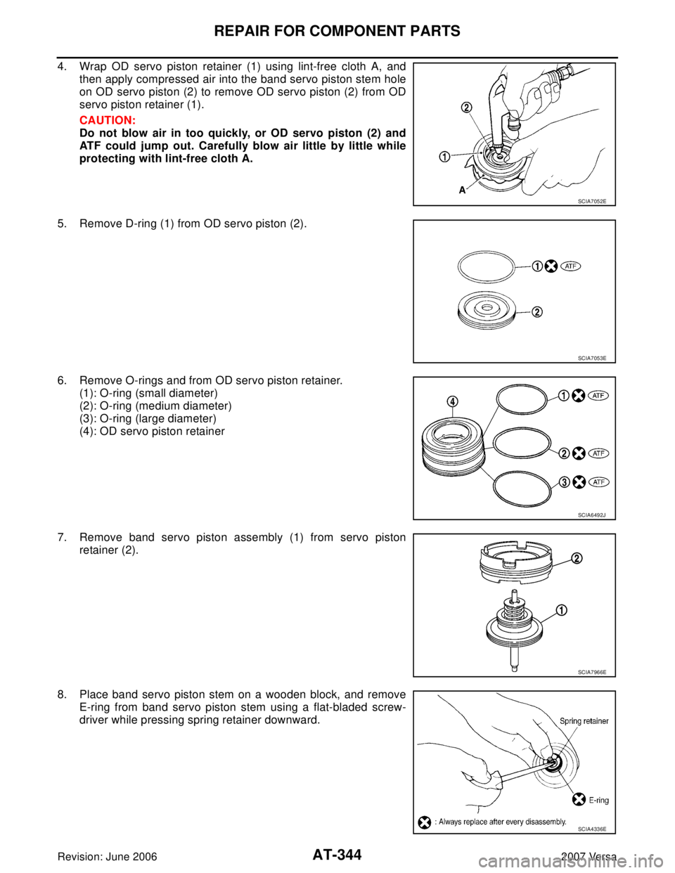 NISSAN LATIO 2007  Service Repair Manual AT-344
REPAIR FOR COMPONENT PARTS
Revision: June 20062007 Versa
4. Wrap OD servo piston retainer (1) using lint-free cloth A, and
then apply compressed air into the band servo piston stem hole
on OD s
